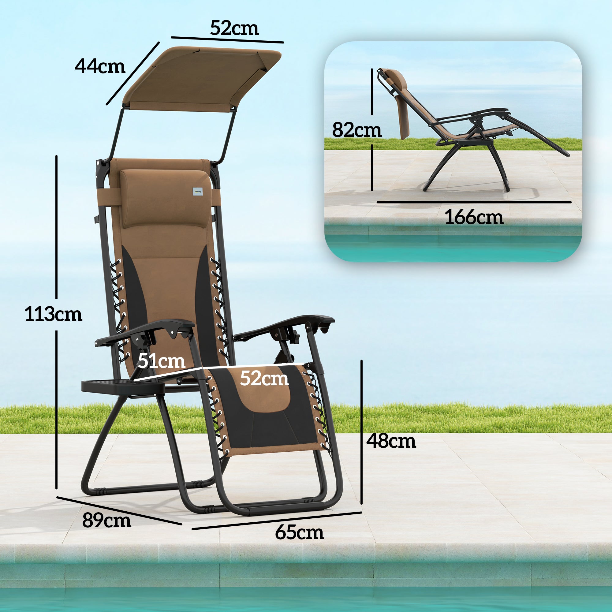 Zero Gravity Lounger Chair Set of 2, Folding Reclining with Shade, Cup Holder, and Cushion, Coffee