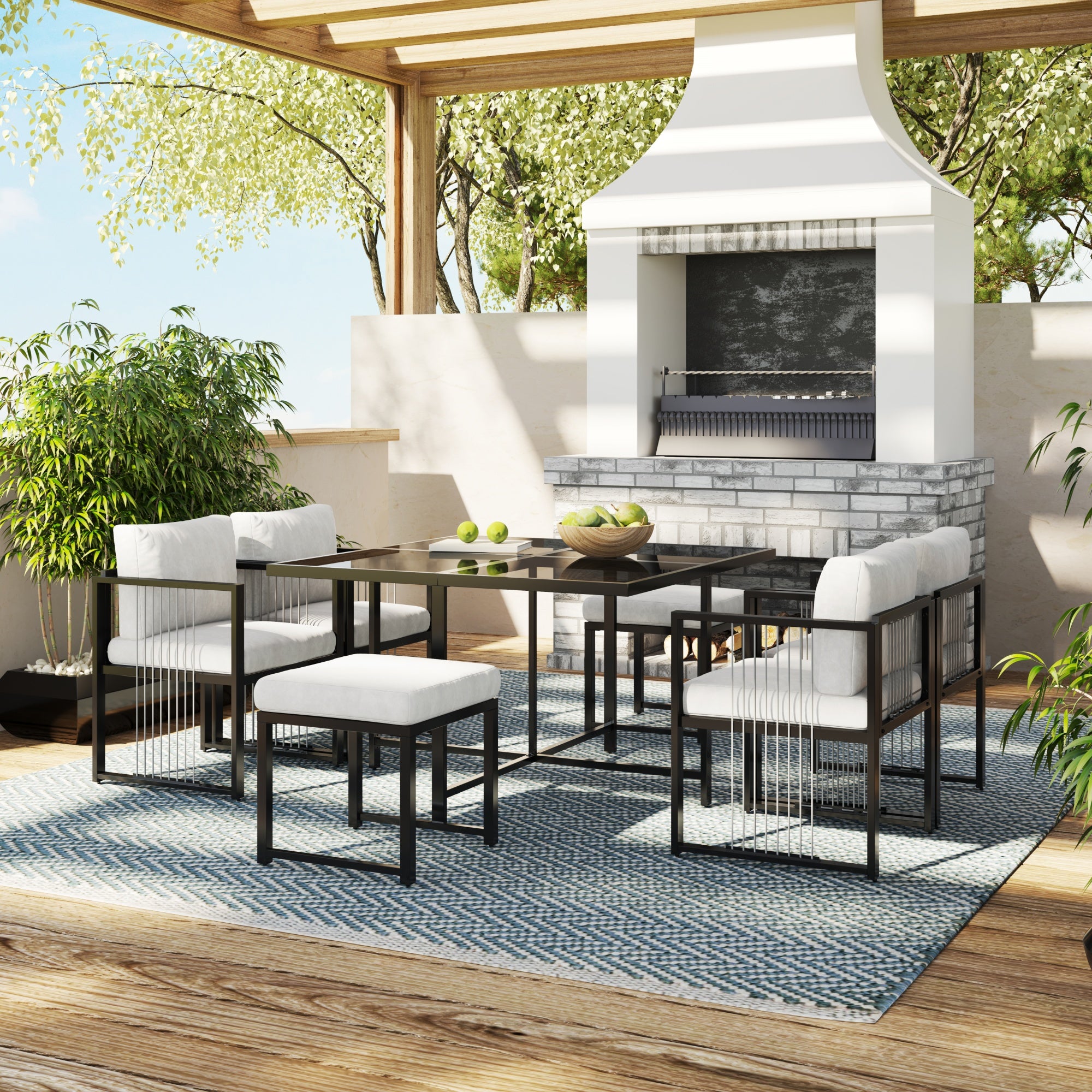 Outdoor Dining Set 7-Piece 6-Person Tempered Glass Table