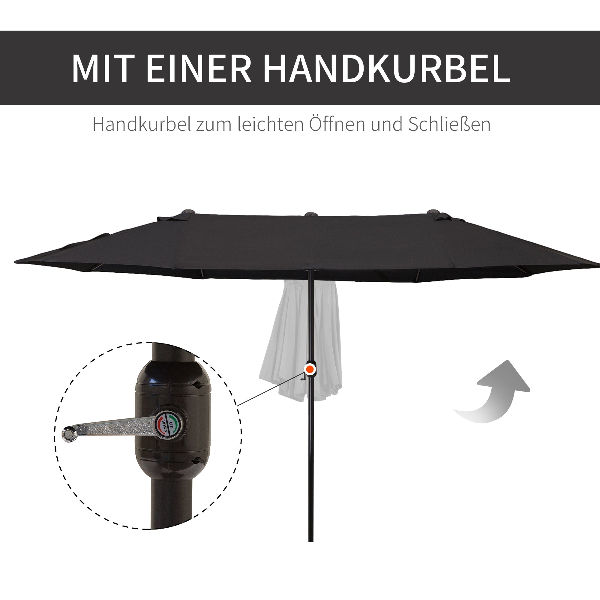 Parasol Double Patio Umbrella with Hand Crank, Oval, Black