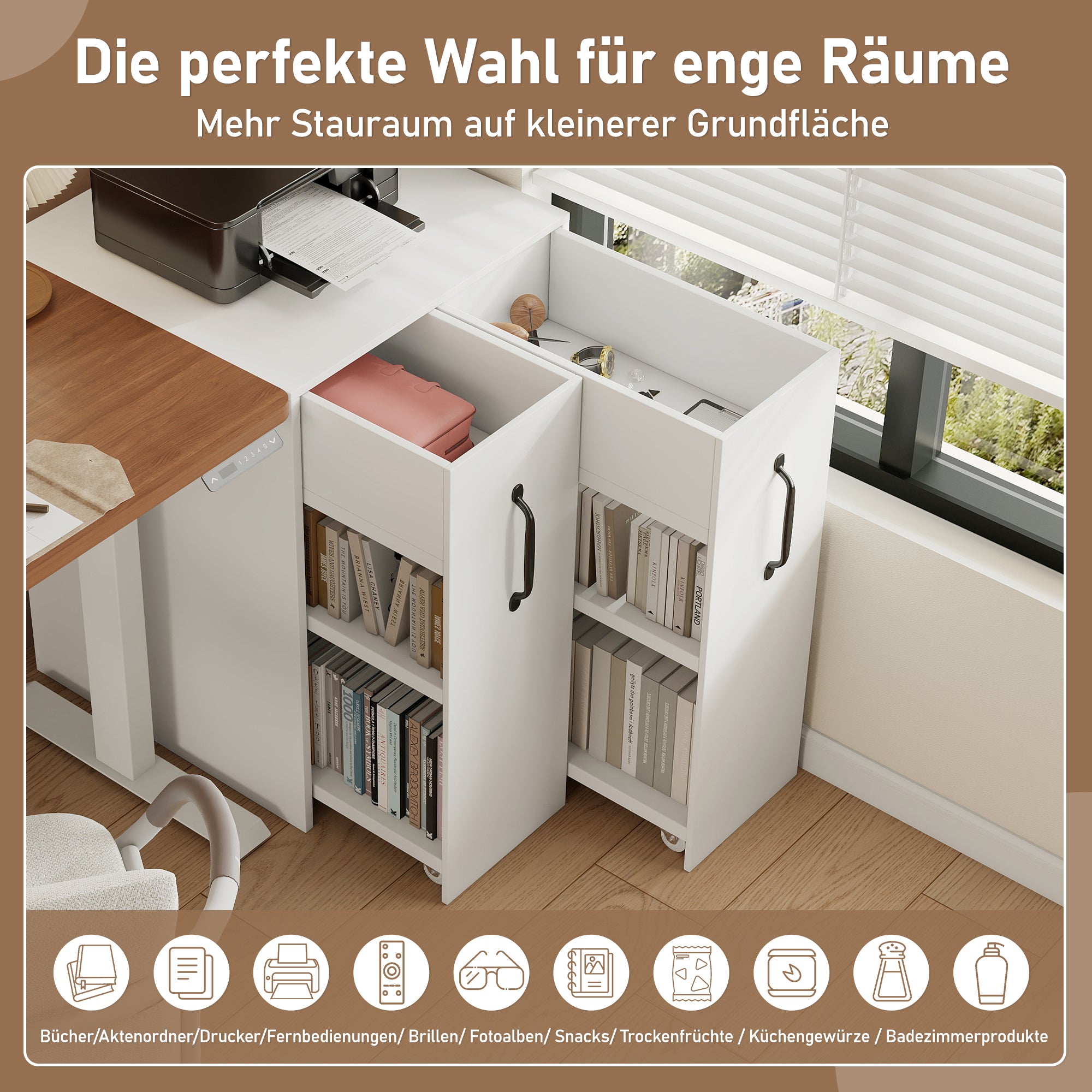 Small Bookcase with Wheels Extendable Reversible Shelves & Drawers