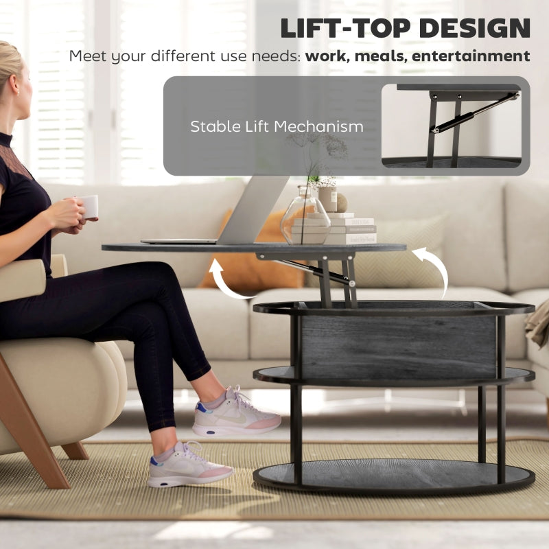 Lift Top Round Coffee Table with Hidden Storage and Steel Frame, Charcoal Grey