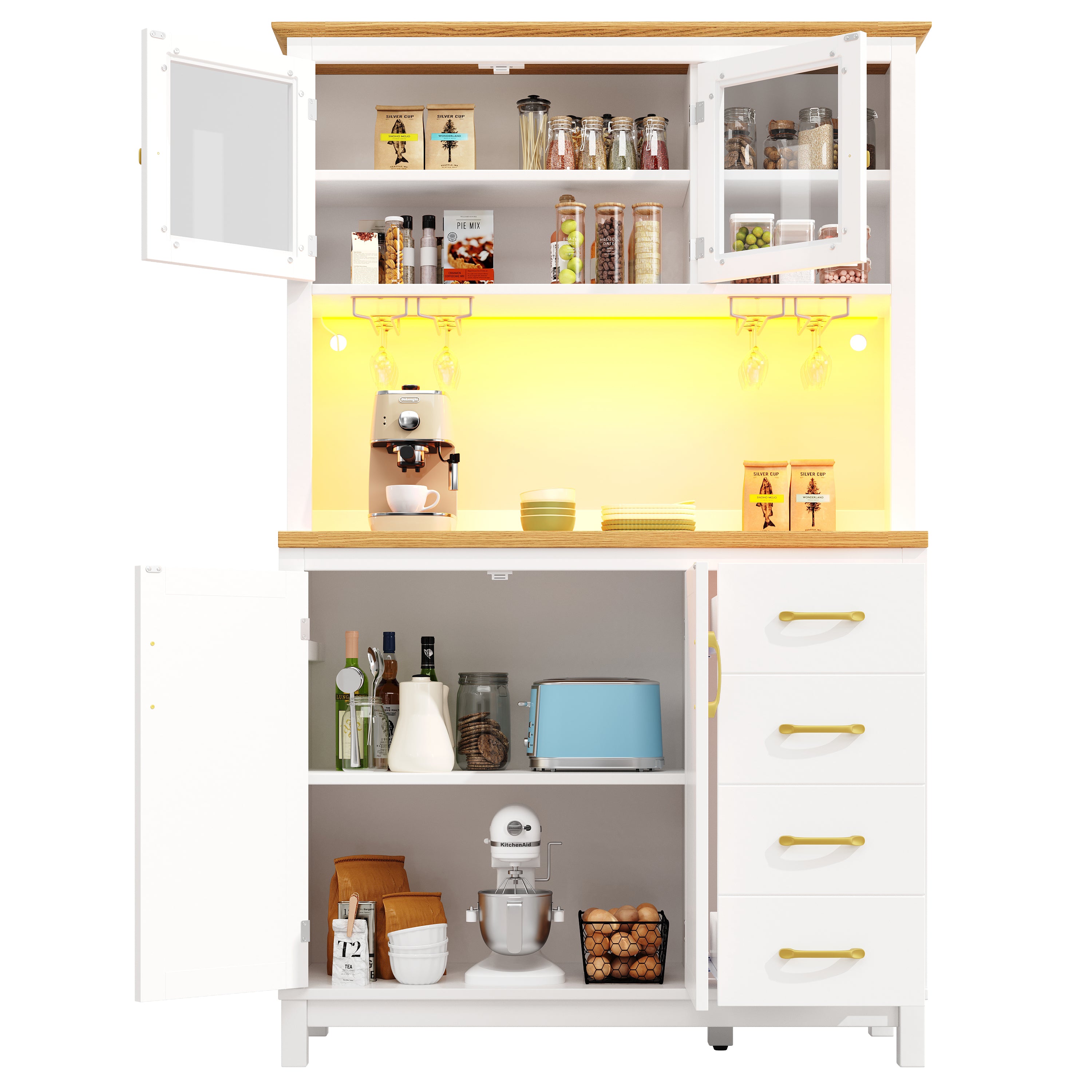 Sideboard Kitchen Cabinet with LED Light Strip and Drink Holders, Green/Black/White