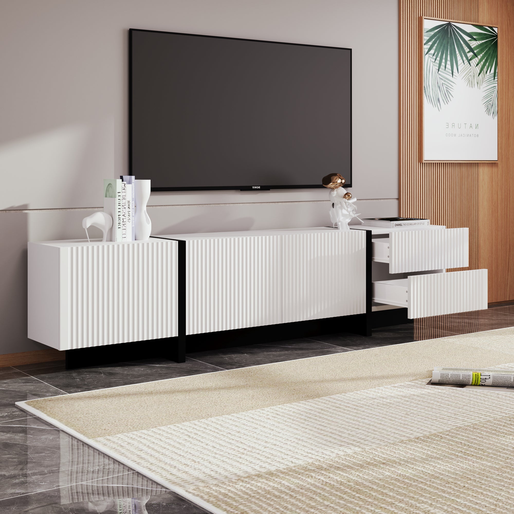 TV Cabinet 190cm 3 Doors 2 Drawers, Black and White