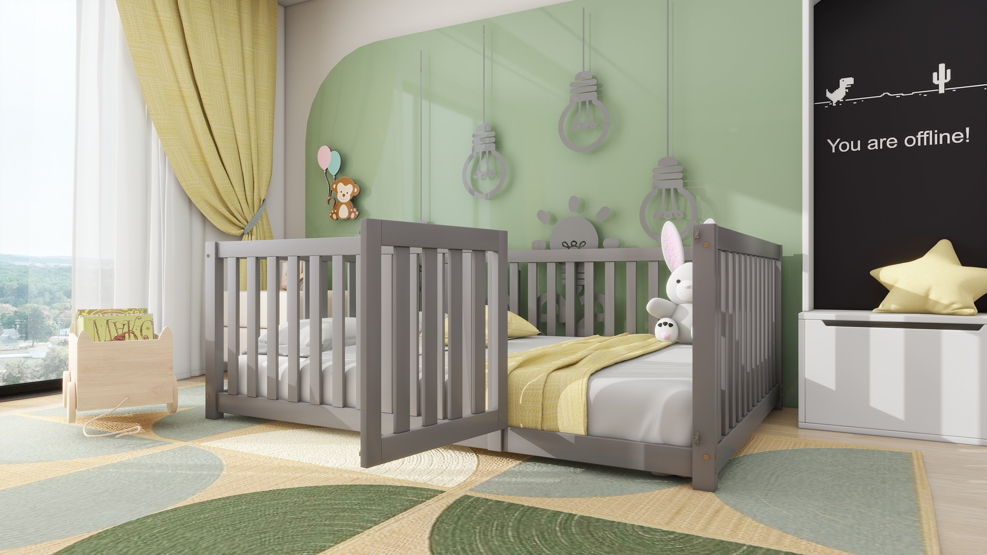 Children's bed 140 x 200, wooden floor bed frame with fence and door, grey