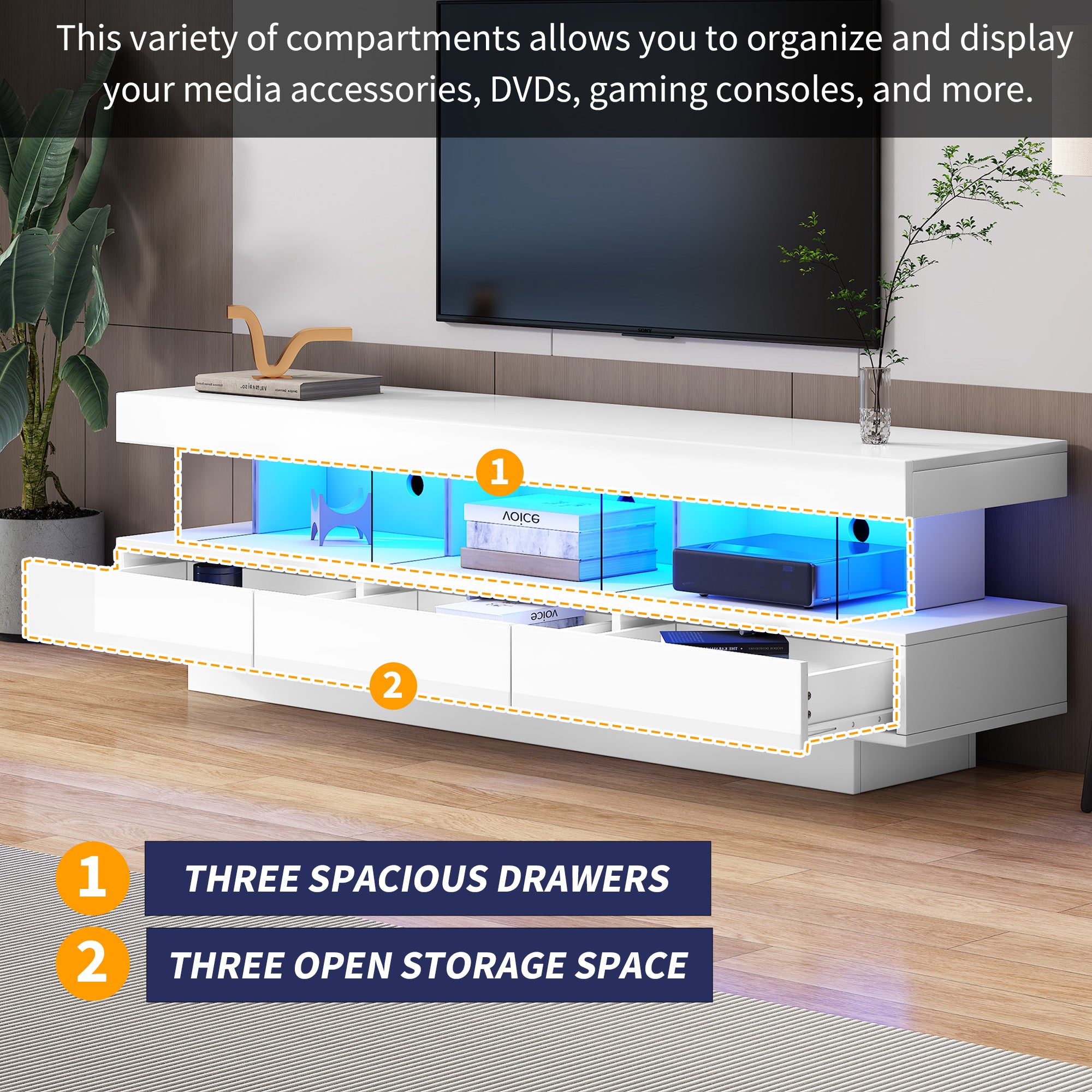 TV Cabinet, 160x38x50.5cm High-Gloss with Glass, LED, App Control, for 70-inch TVs, White