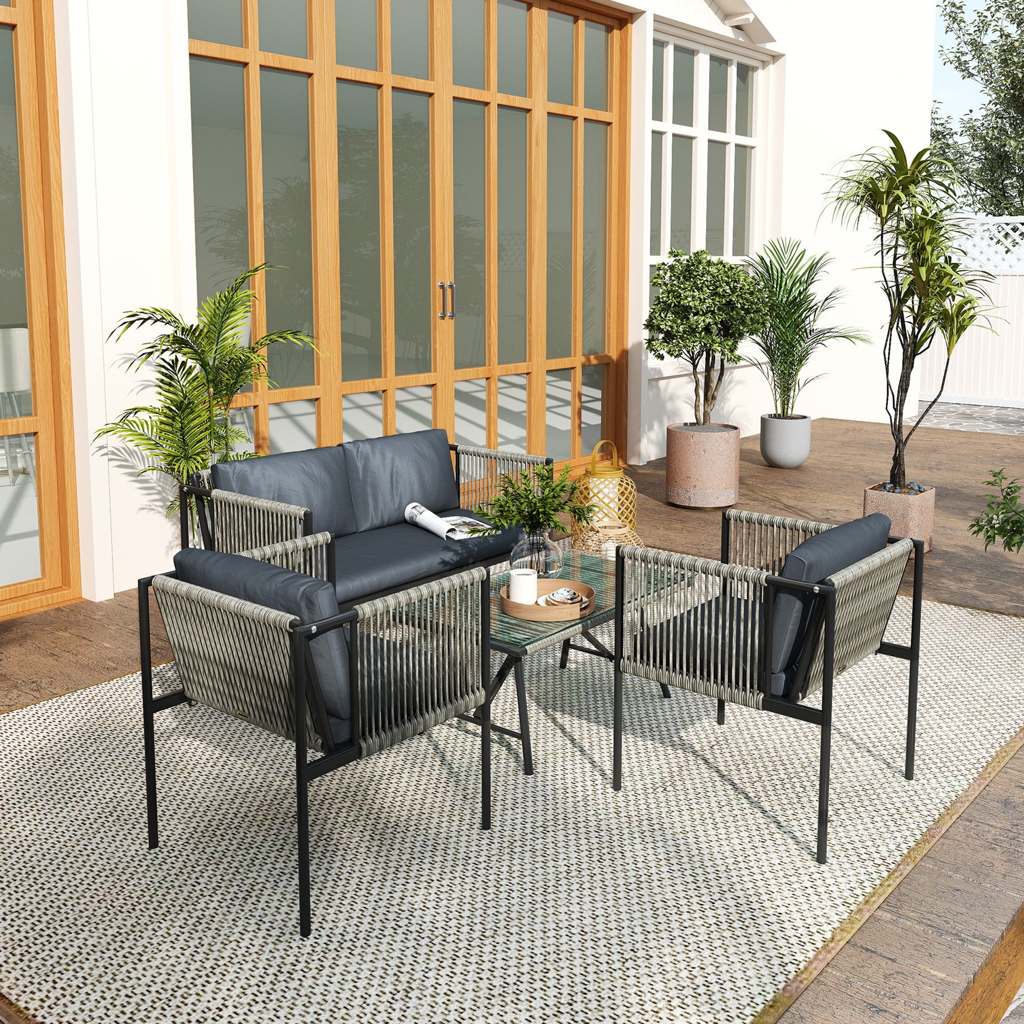 Sofa Set, Four-Piece Round Rattan Rope, Grey