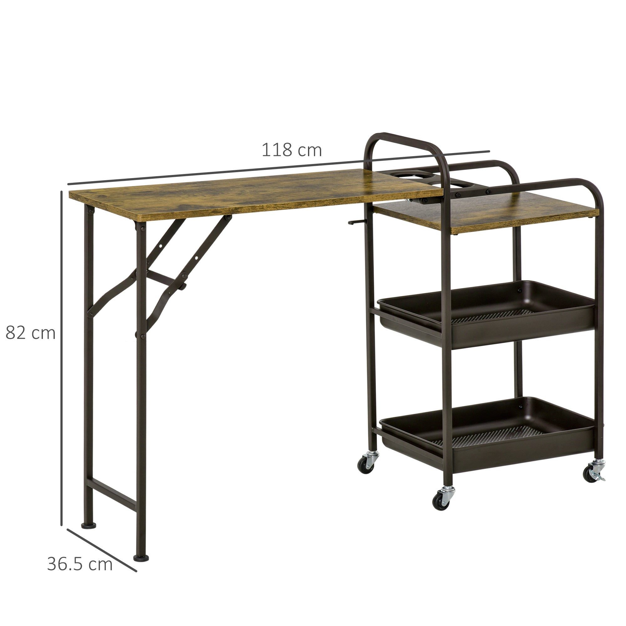 Kitchen Trolley with Folding Table Top, 2 Trays, Wheels, and Adjustable Foot Pads, Metal