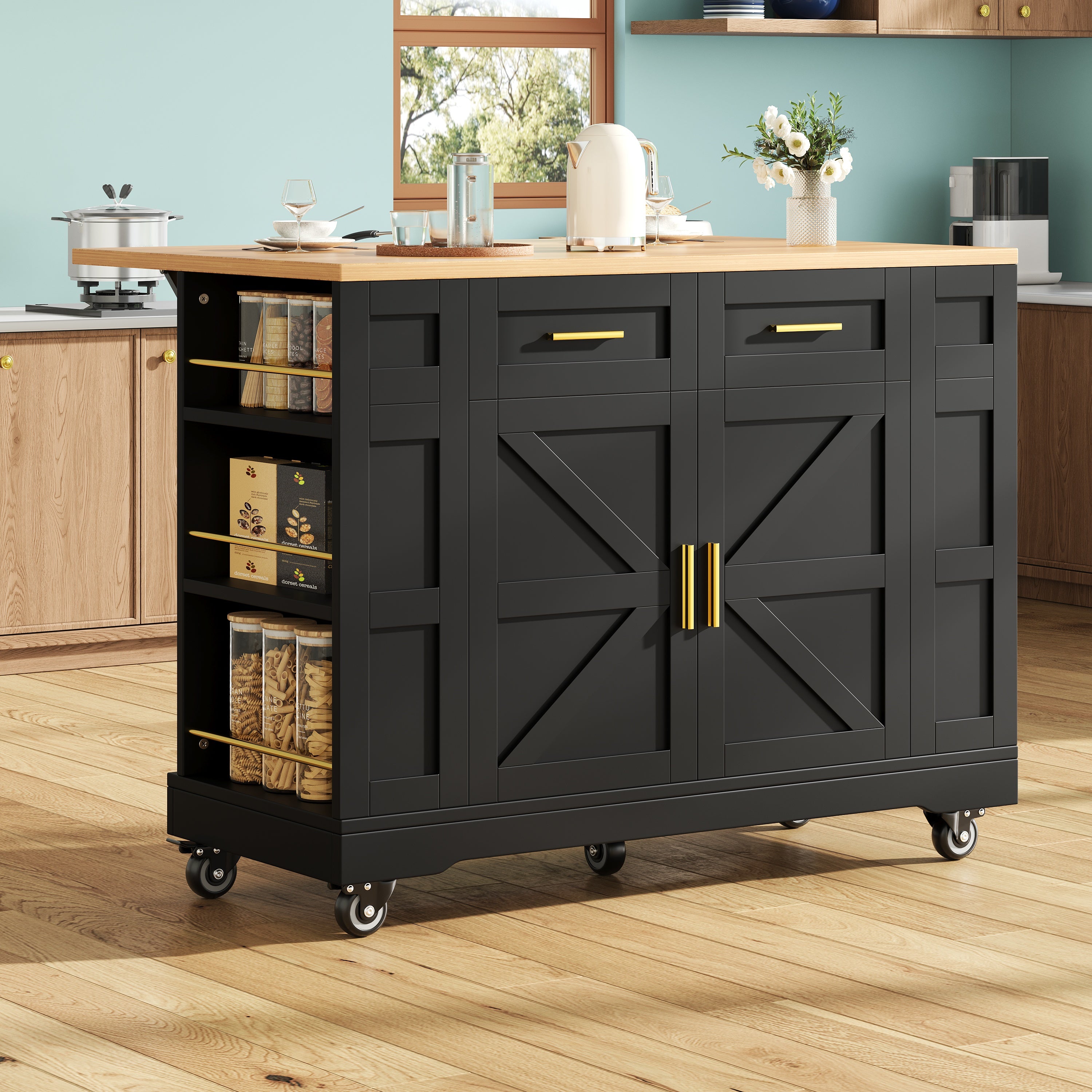 Modern Kitchen Island with Storage and Extendable Tabletop, Black Wood Grain Finish