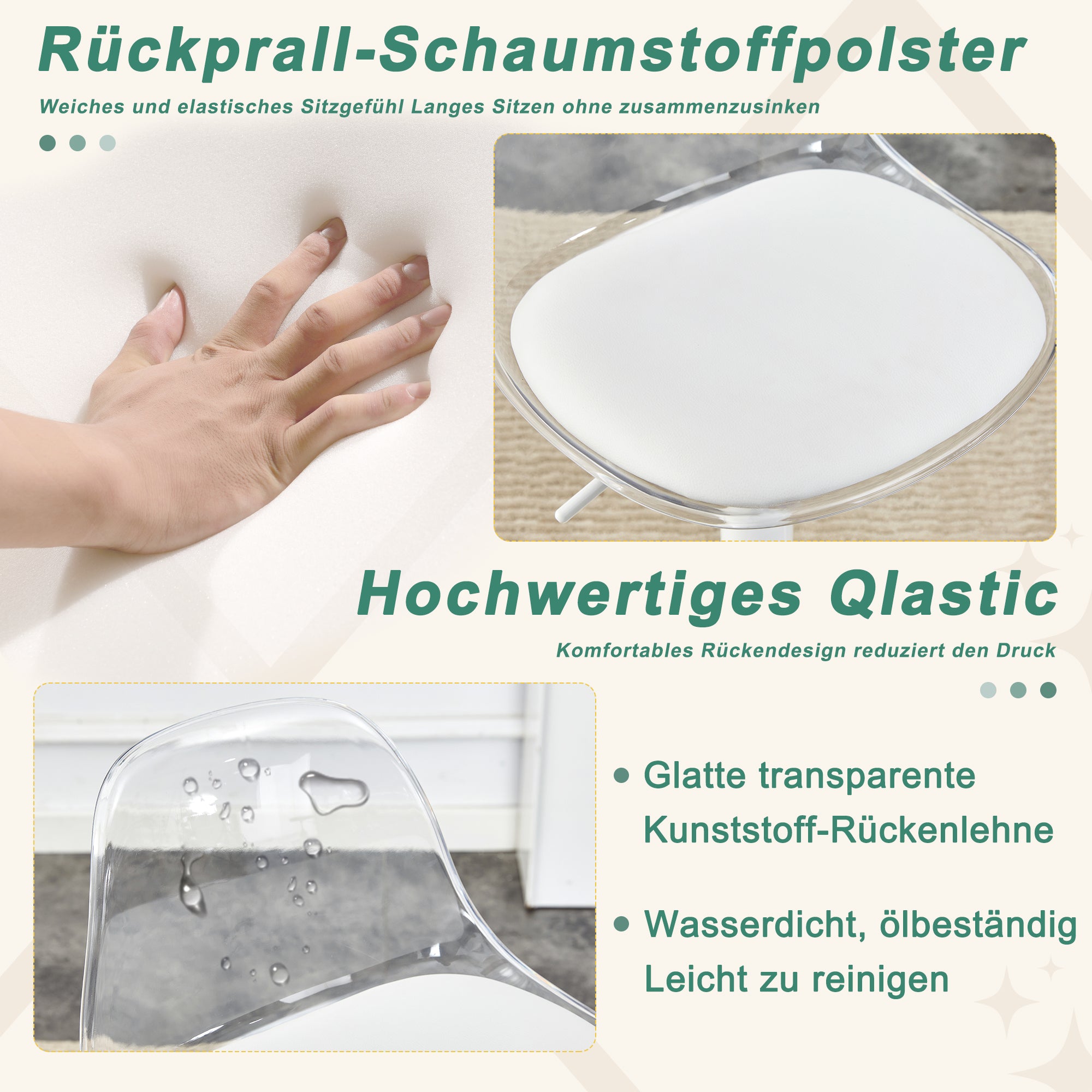 2-Pack Adjustable Beam Chair, Height Adjustable 82-104 cm, 360° Swivel, Transparent/White Metal