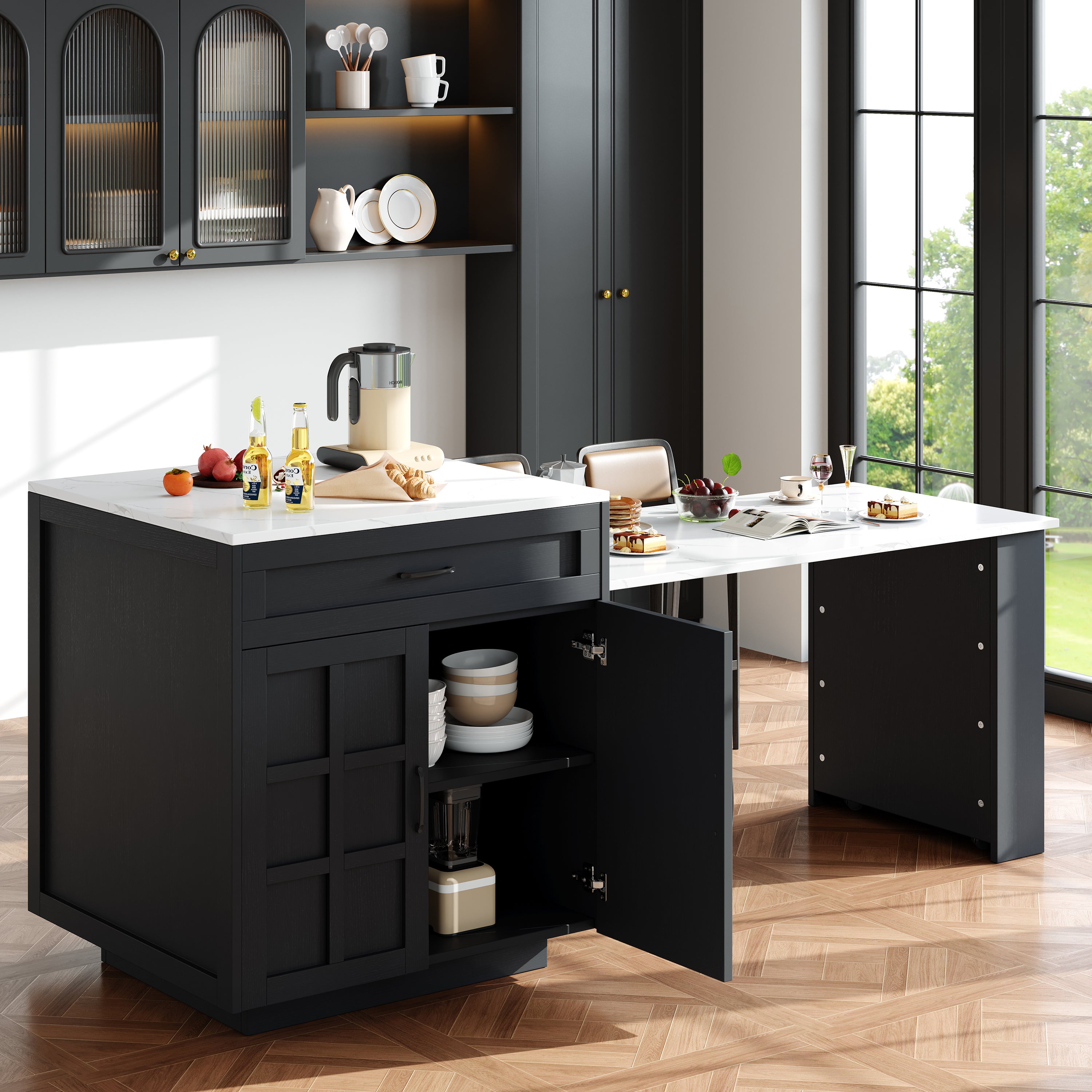 Extendable Bar Table Kitchen Island with Storage & Drawers - Black