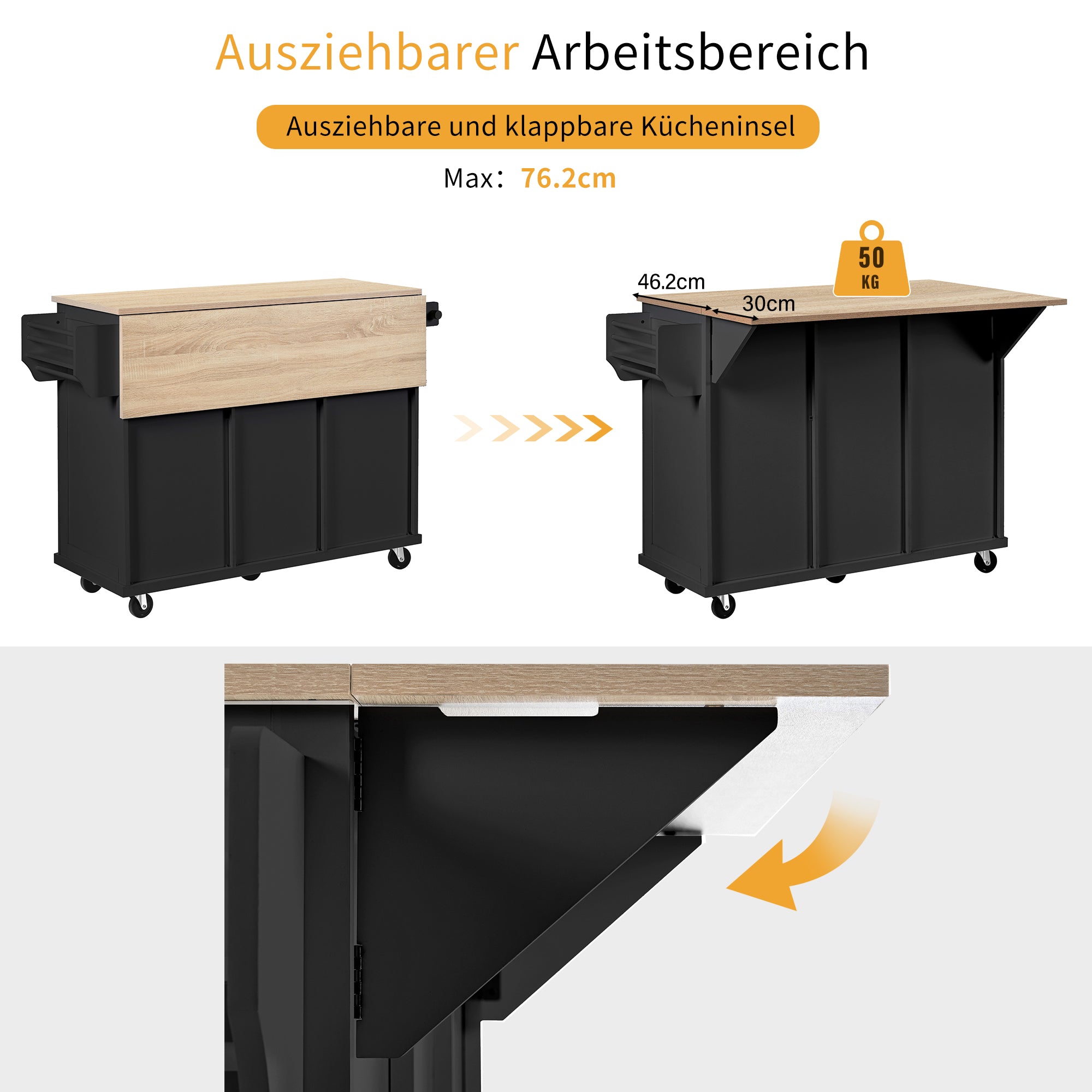 Mobile Kitchen Island Extendable Dining Area Waste Bin & Drawers - Black