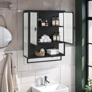 Wall Cabinet 60CM Glass Doors, Two-tier Storage, Open Shelf, Towel Rack, Black