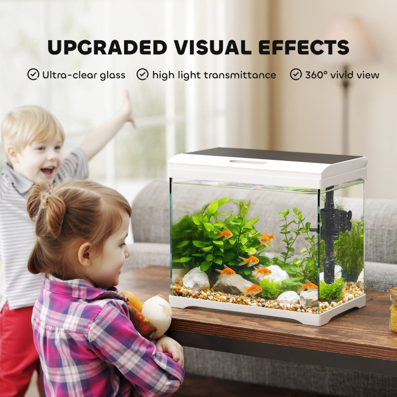 Glass Fish Tank 17L, Filter System, LED Light, Water Pump, White