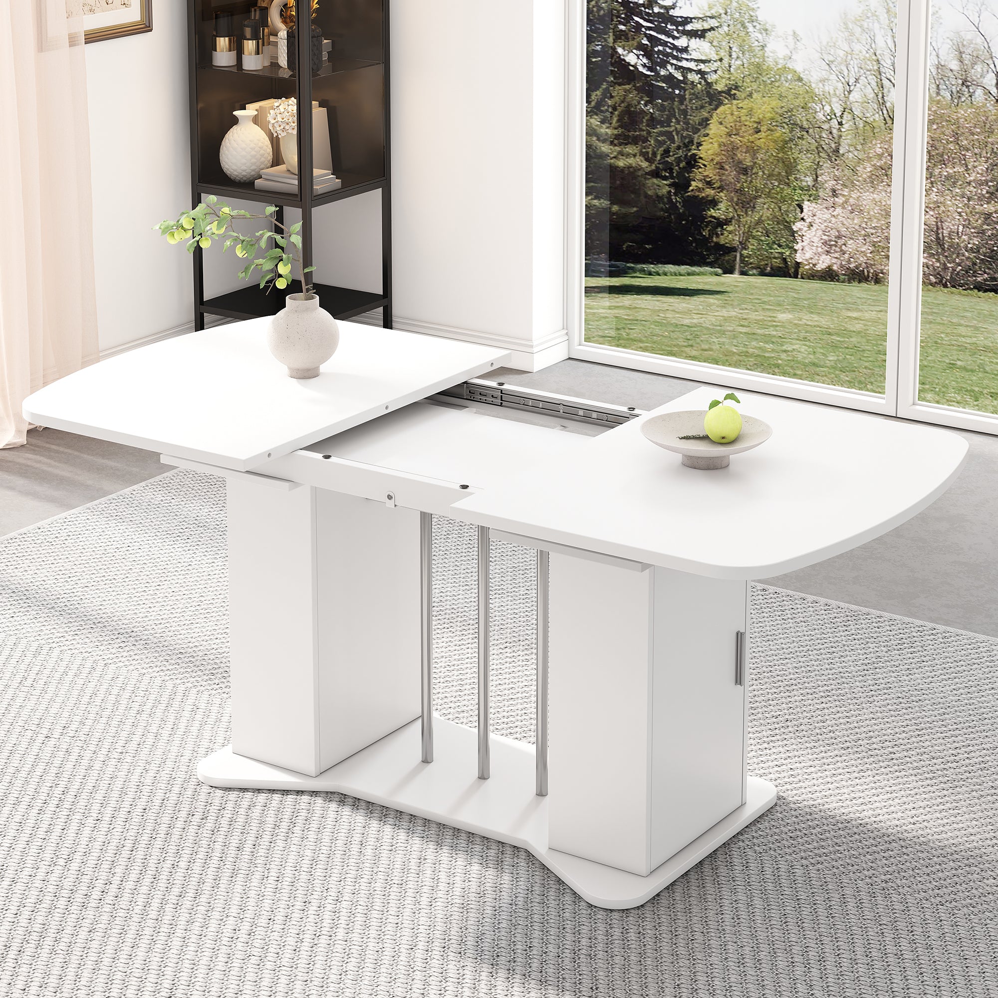 Extendable Dining Table 120/160x80cm Modern Storage - White/Silver Legs