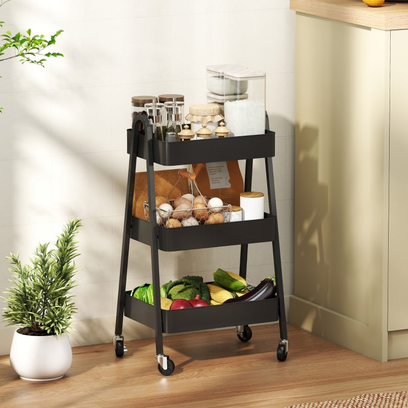 Three-Tier Storage Trolley with 4 Wheels & Mesh Shelves, Black Metal