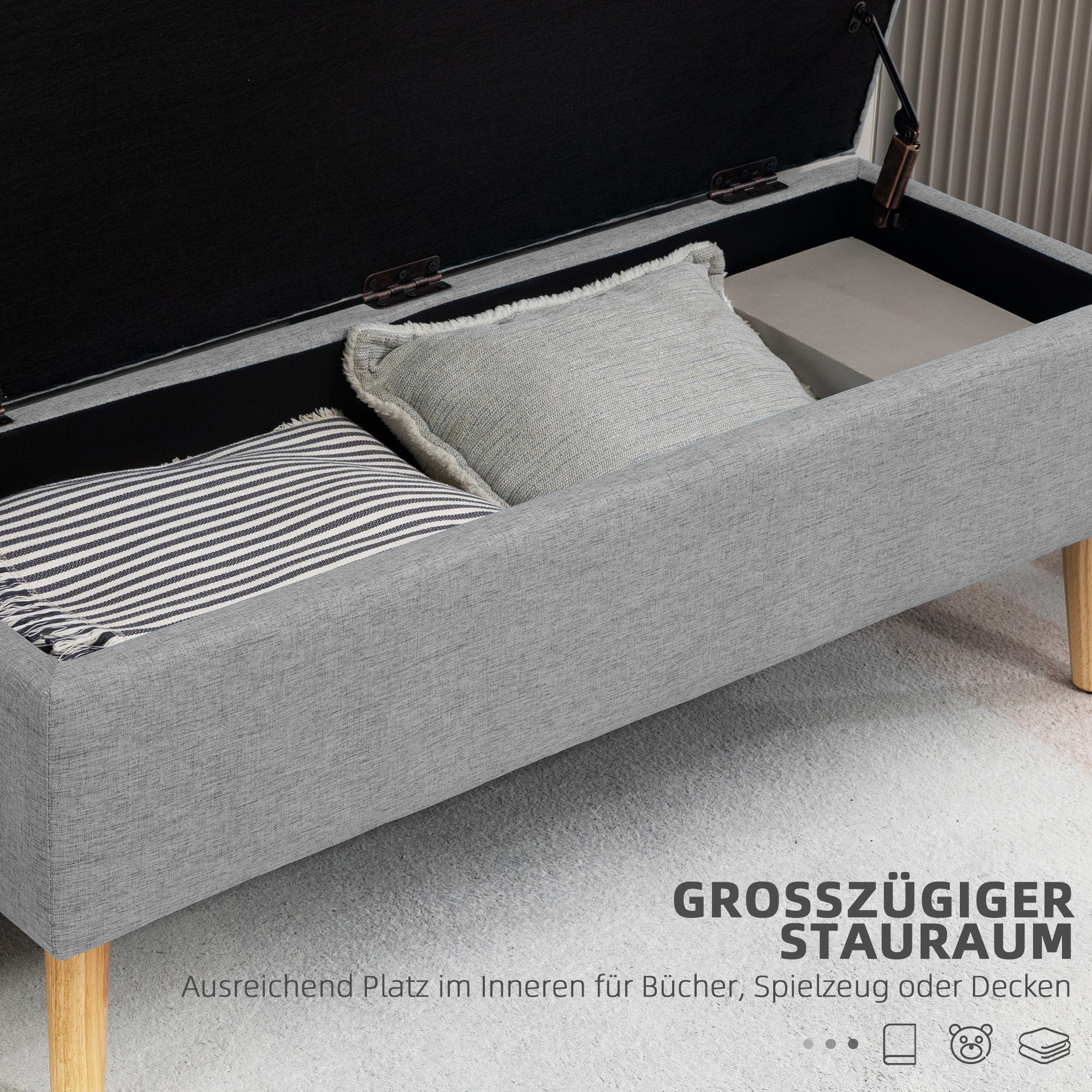 Upholstered bench with storage, 110 x 39 x 45 cm, grey linen look, rubber wood
