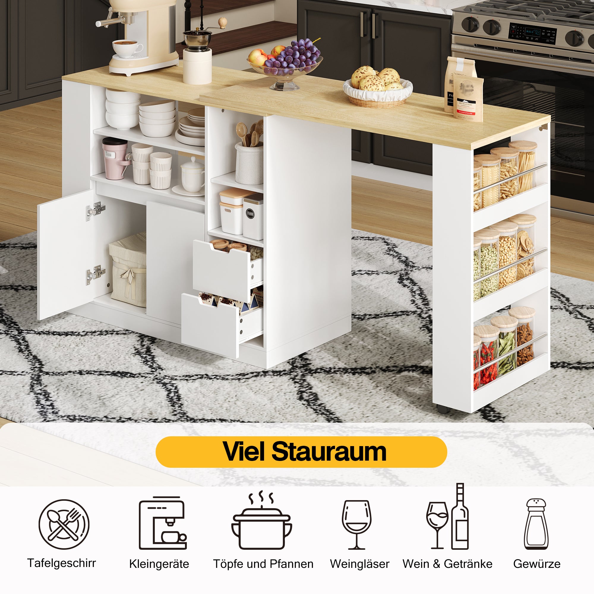 Kitchen Island with Extendable Worktop and Storage Shelves, Wood Look