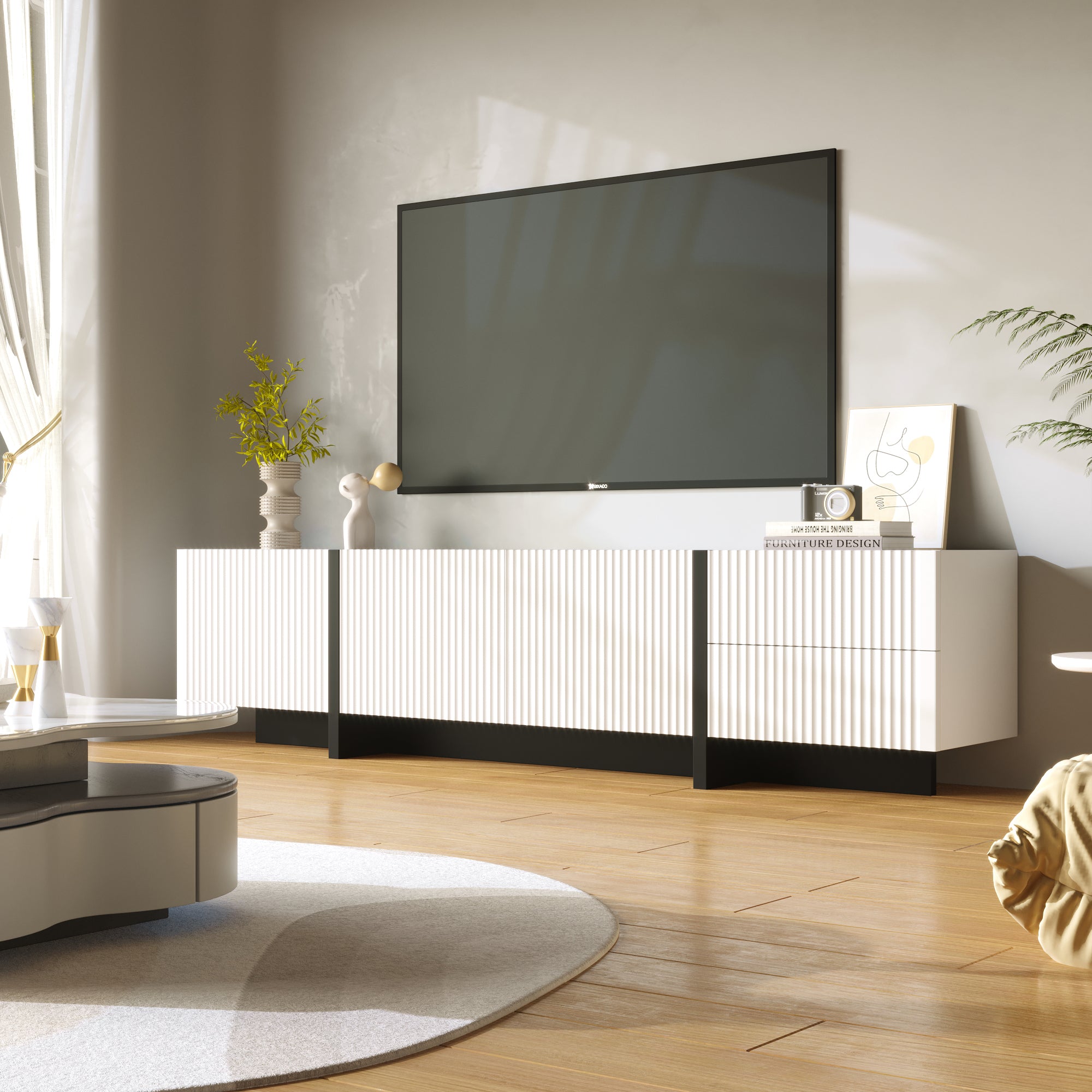 TV Cabinet 190cm 3 Doors 2 Drawers, Black and White
