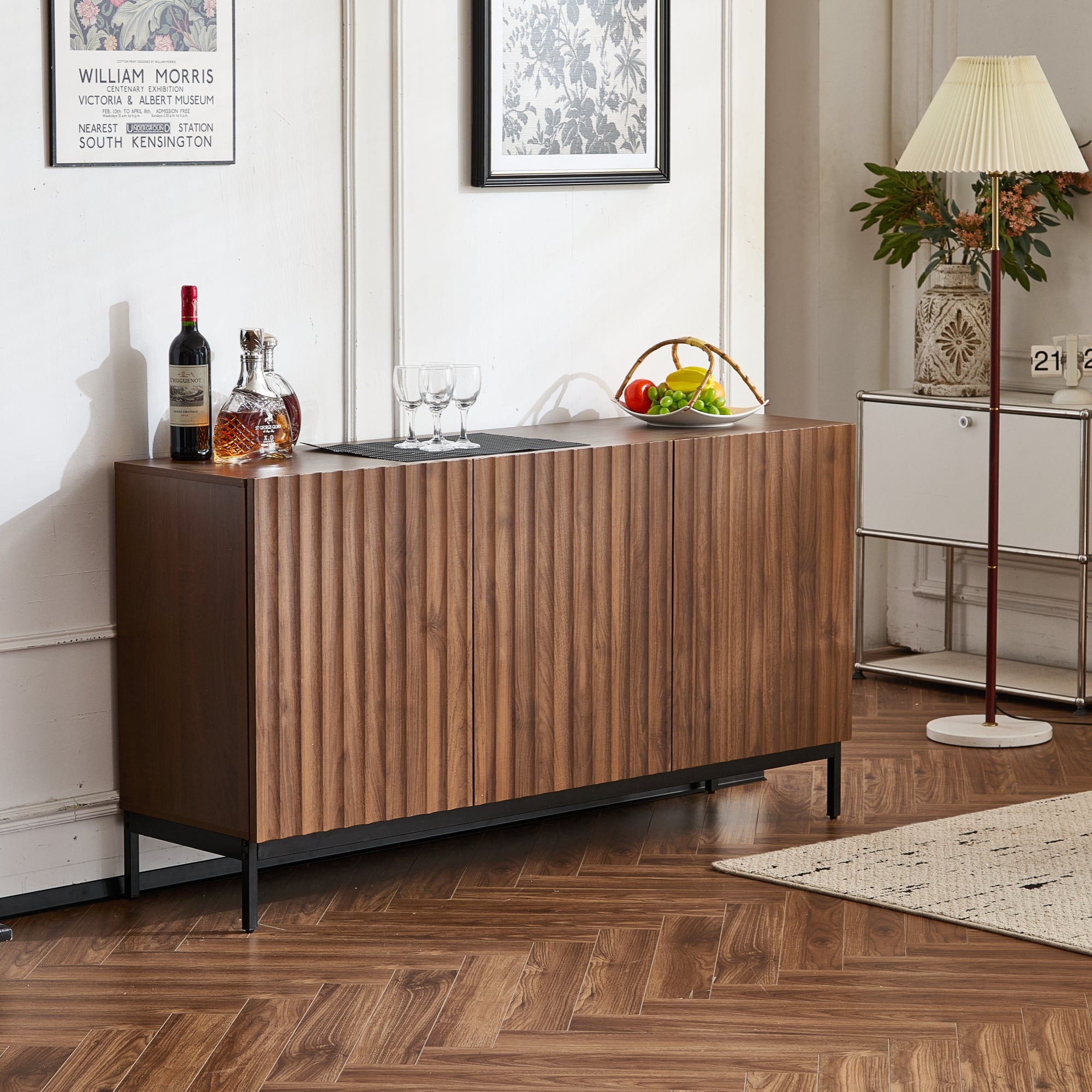 Sideboard Mid-Century Modern 3-Door 150cm with Wavy 3D Design Dark Grained Oak