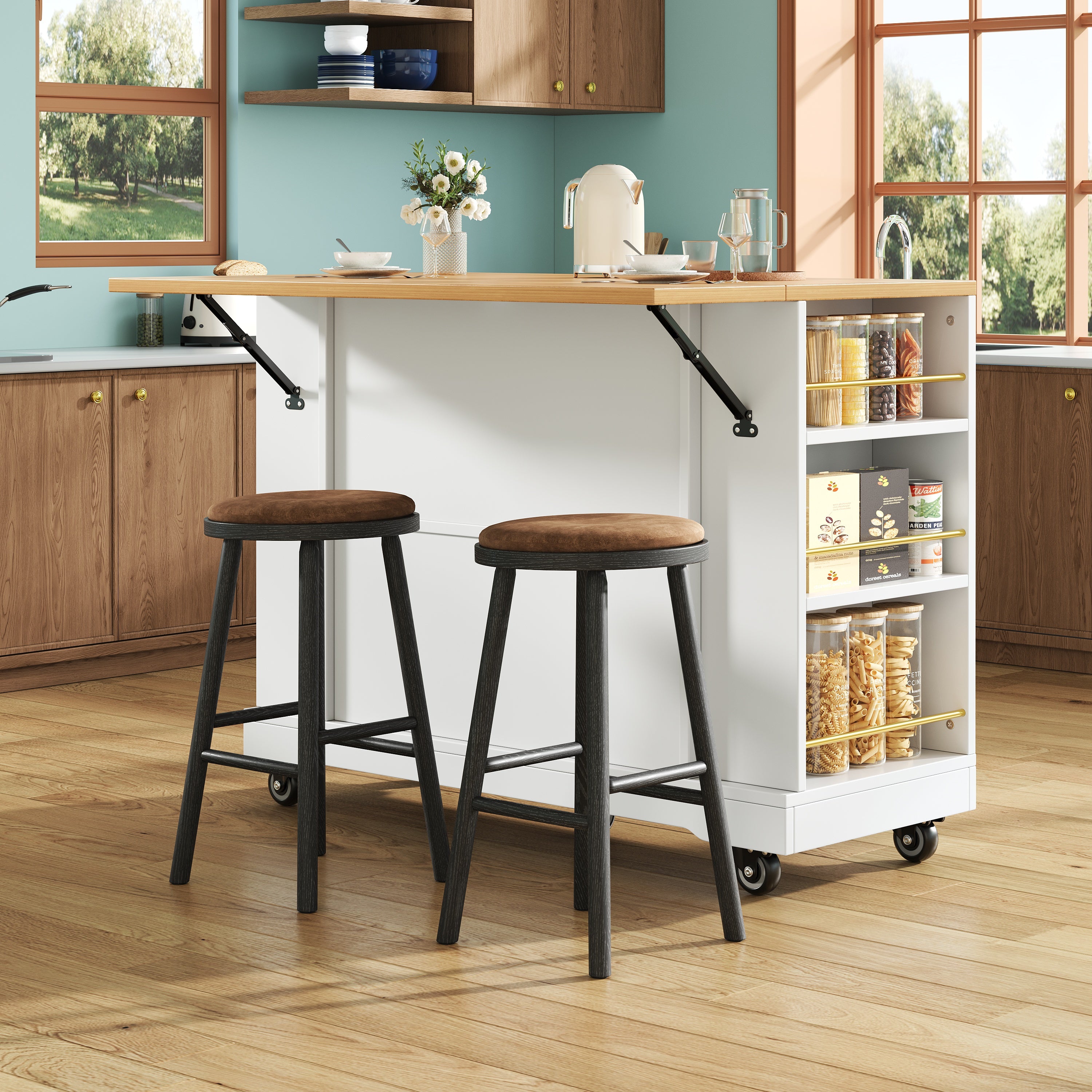 Kitchen Island Extendable Dining Table Storage Wood Grain - White