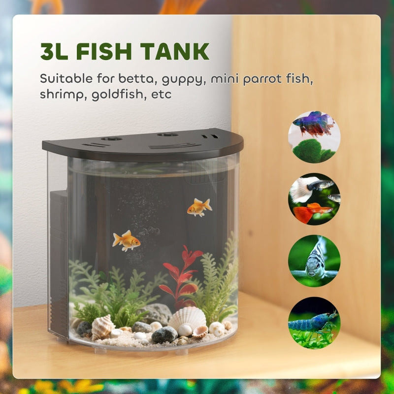 3L Small Fish Tank, Filter System LED Light for Betta Goldfish Shrimp, Black