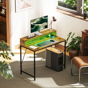 100cm Computer Desk, LED Lights Power Outlets Monitor Stand, Rustic Brown