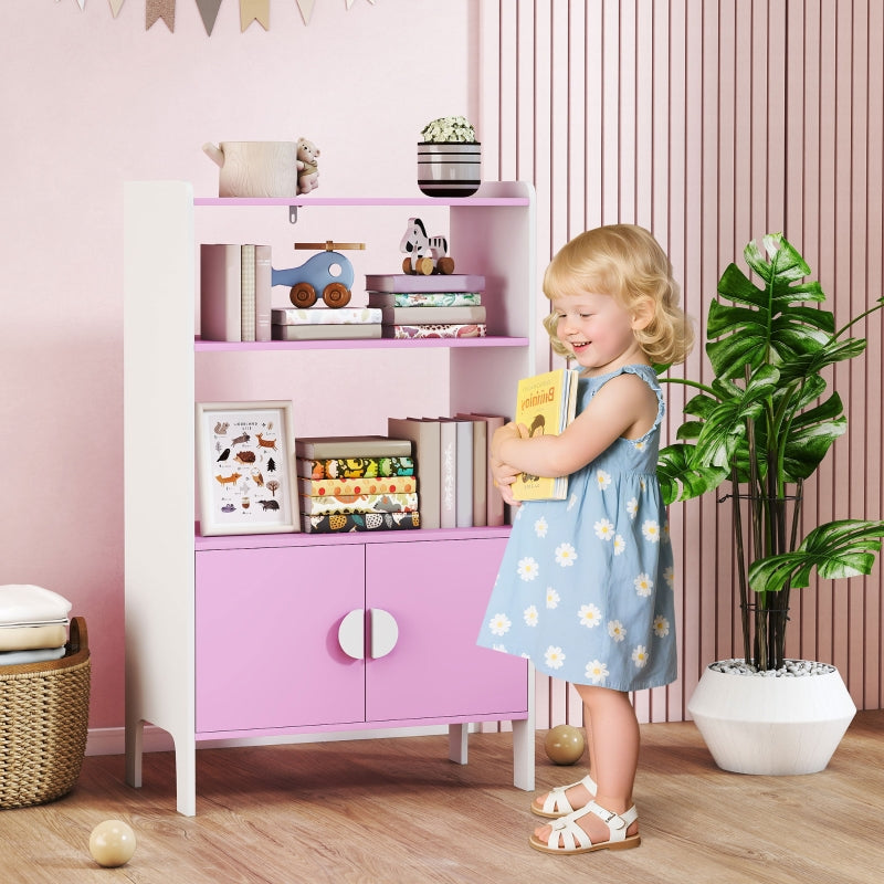 Kids Bookcase, 2 Shelves 2 Cabinets Freestanding, Pink+White MDF