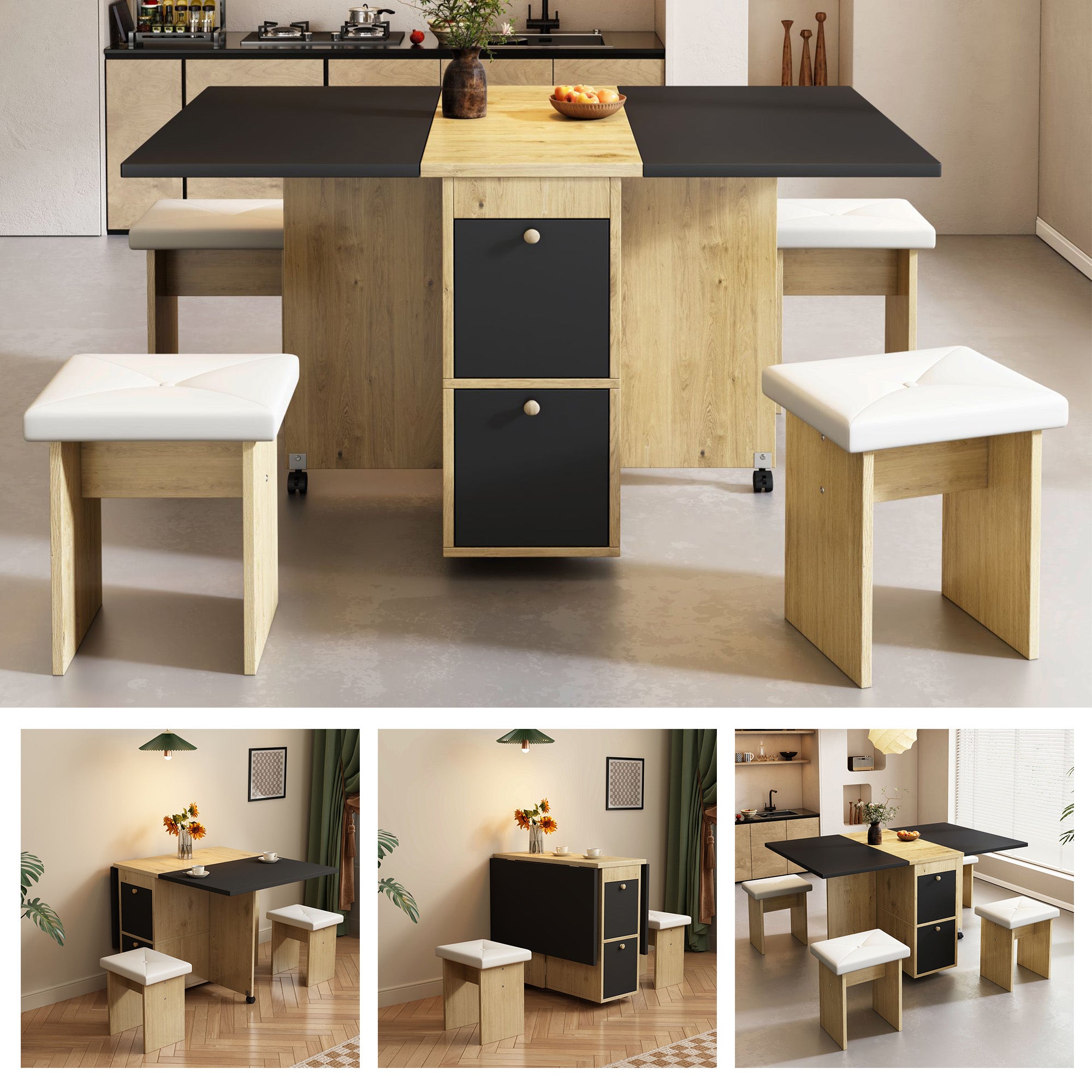 Dining Table Set with 4 Chairs, Folding and Extendable Table, 120x80x75cm, White, Oak and Black