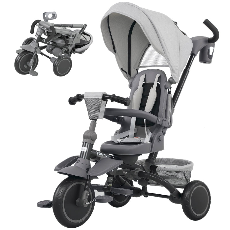 Children's Tricycle, 6-in-1 Buggy for Toddlers with Adjustable Seat and Foldable Design, Grey