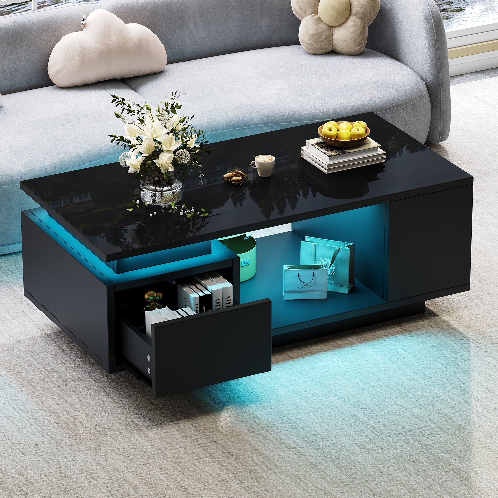 Coffee Table 100x50x36cm High-Gloss LED with Drawer Side Storage Black