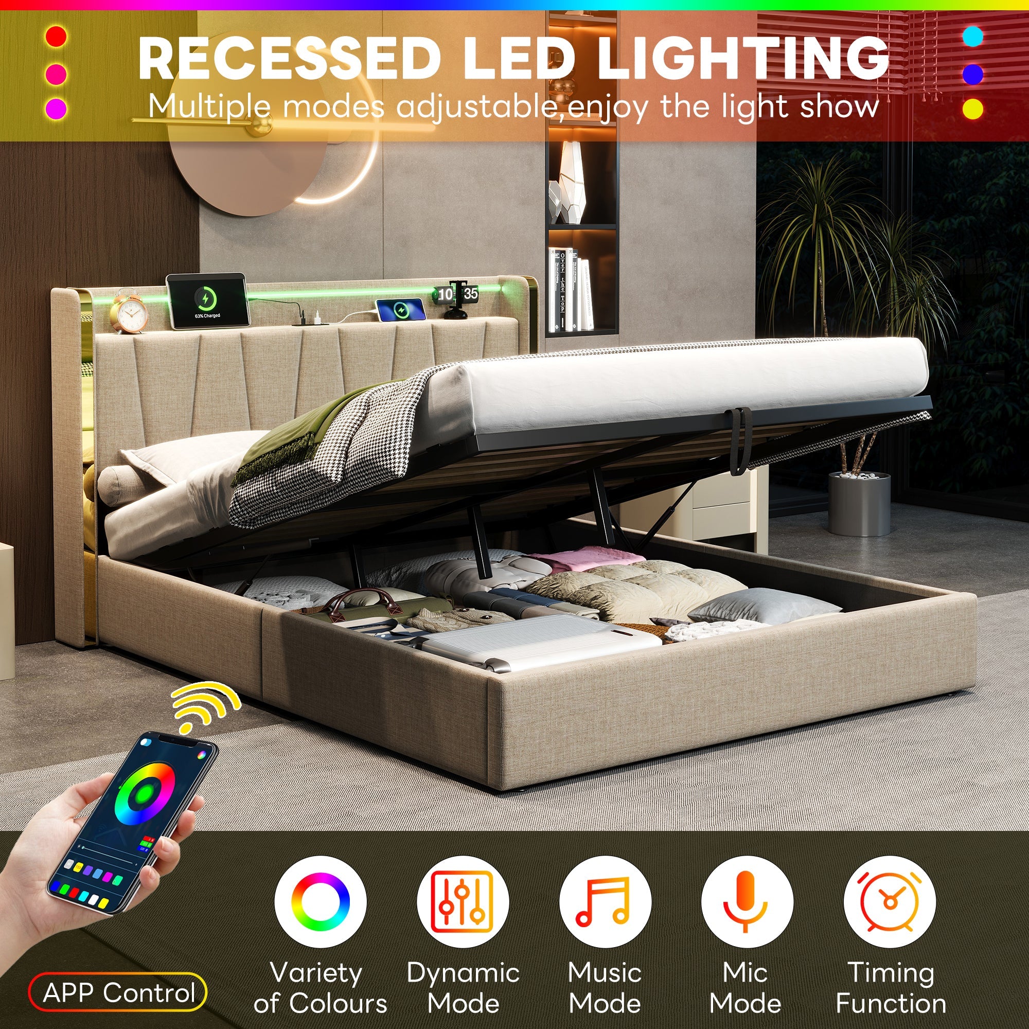 4ft6 Double Upholstered Bed Frame with Hydraulic Storage, LED Headboard & Charging Station, Beige Linen