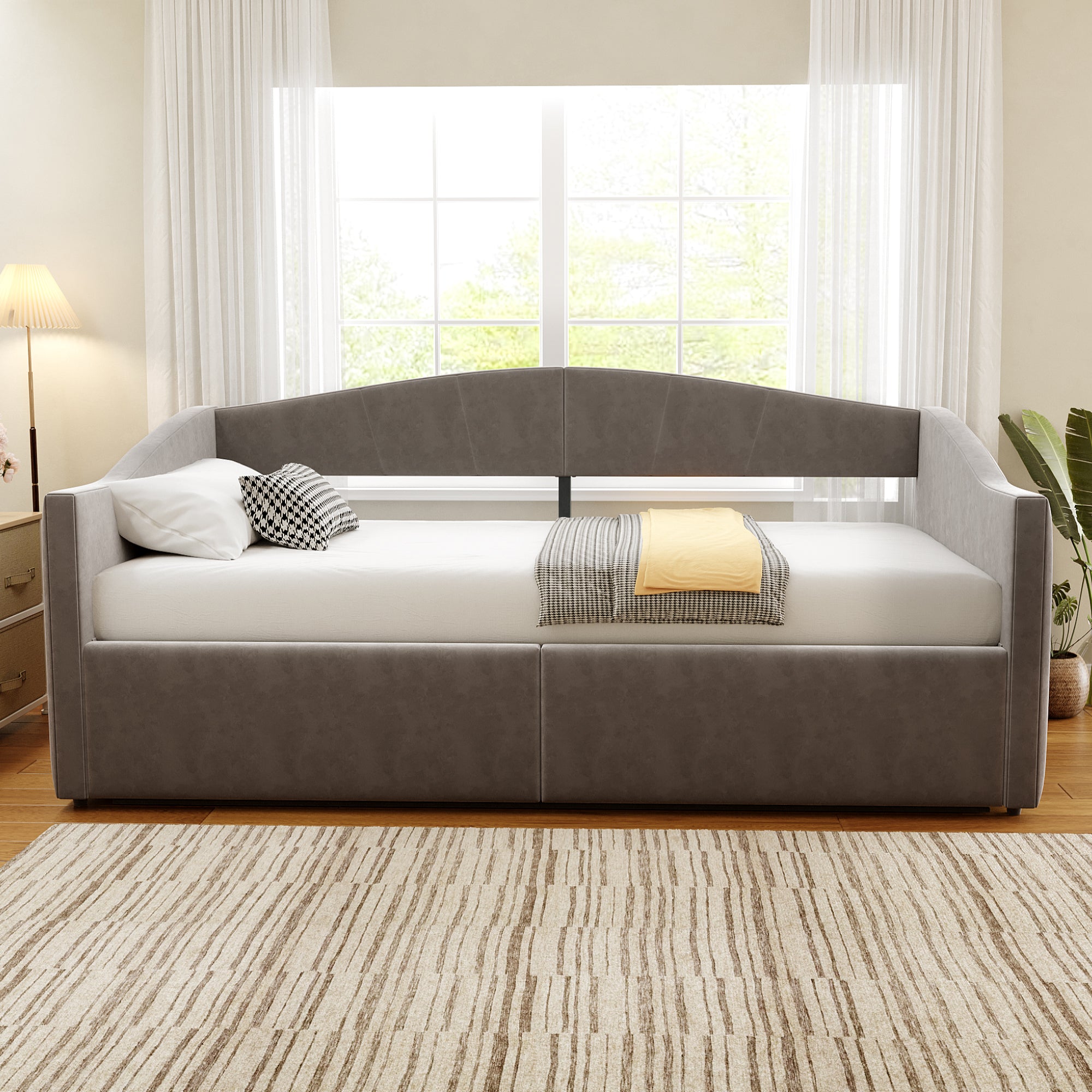 Sofa Bed, Upholstered with Hydraulic Storage, Slatted Frame & Armrests, Striped Velvet, Grey
