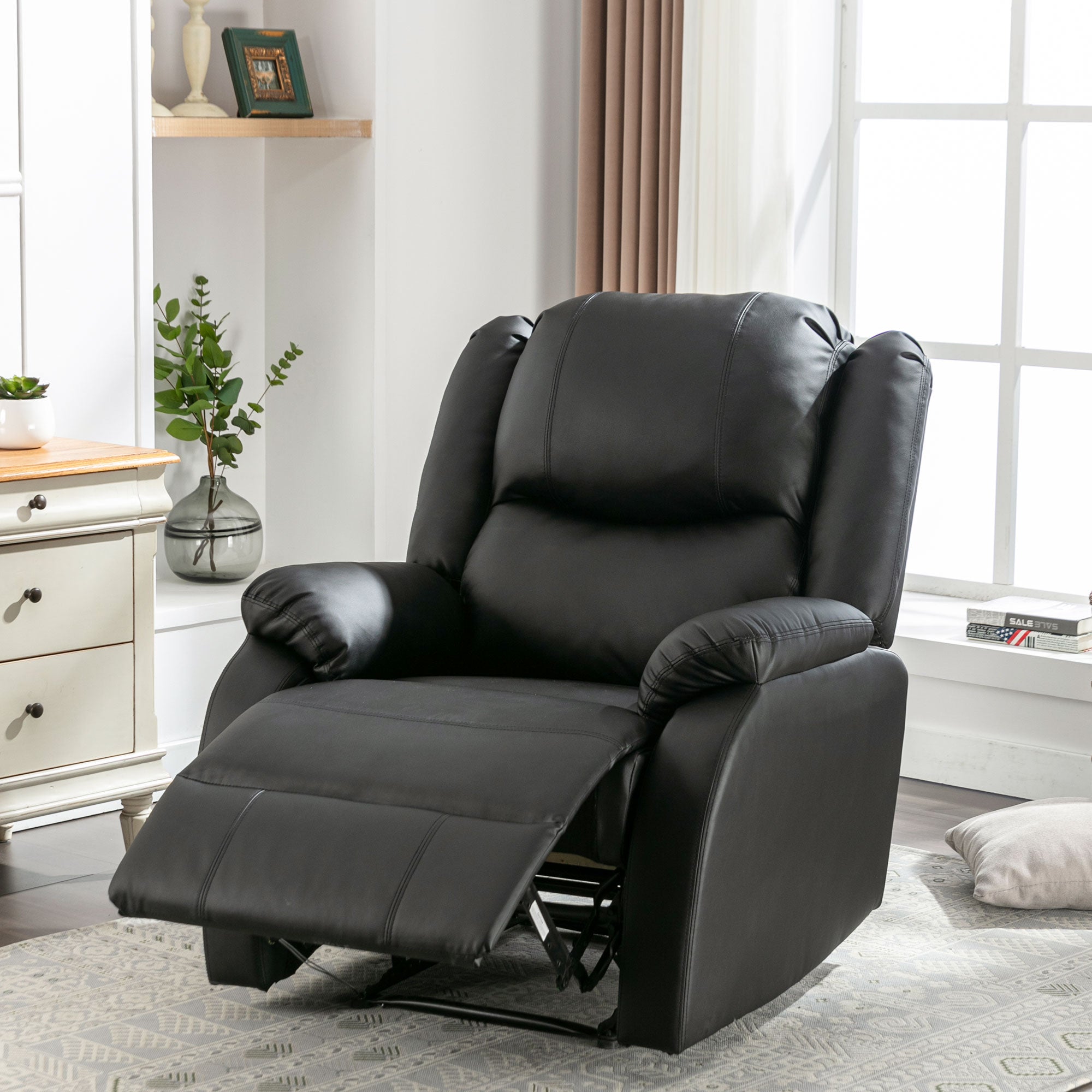 Recliner Chair, Adjustable Armchair with Side Pockets, PU Leather, Black