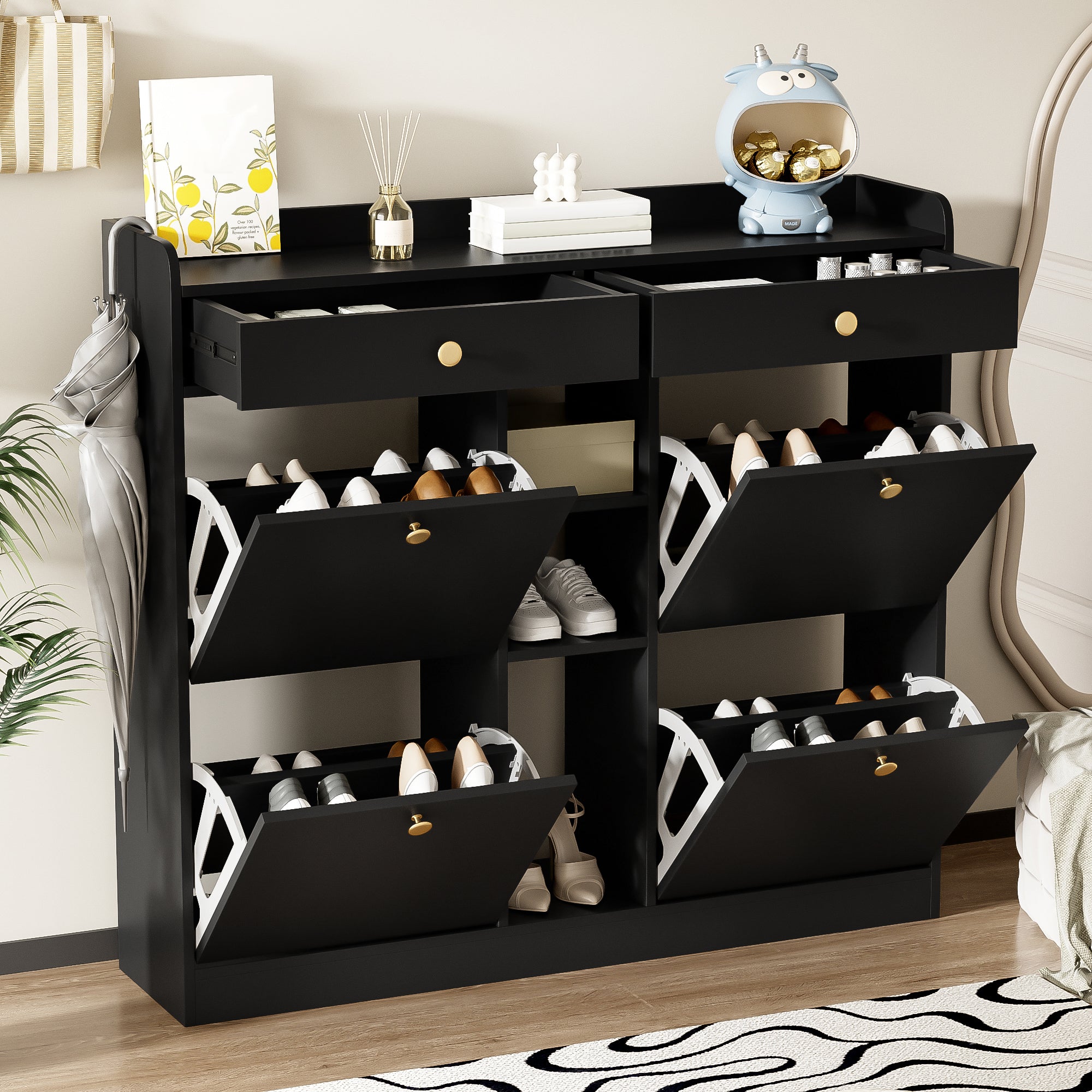 Shoe Cabinet, 4-Door, 2-Drawer, 3-Compartment, Black