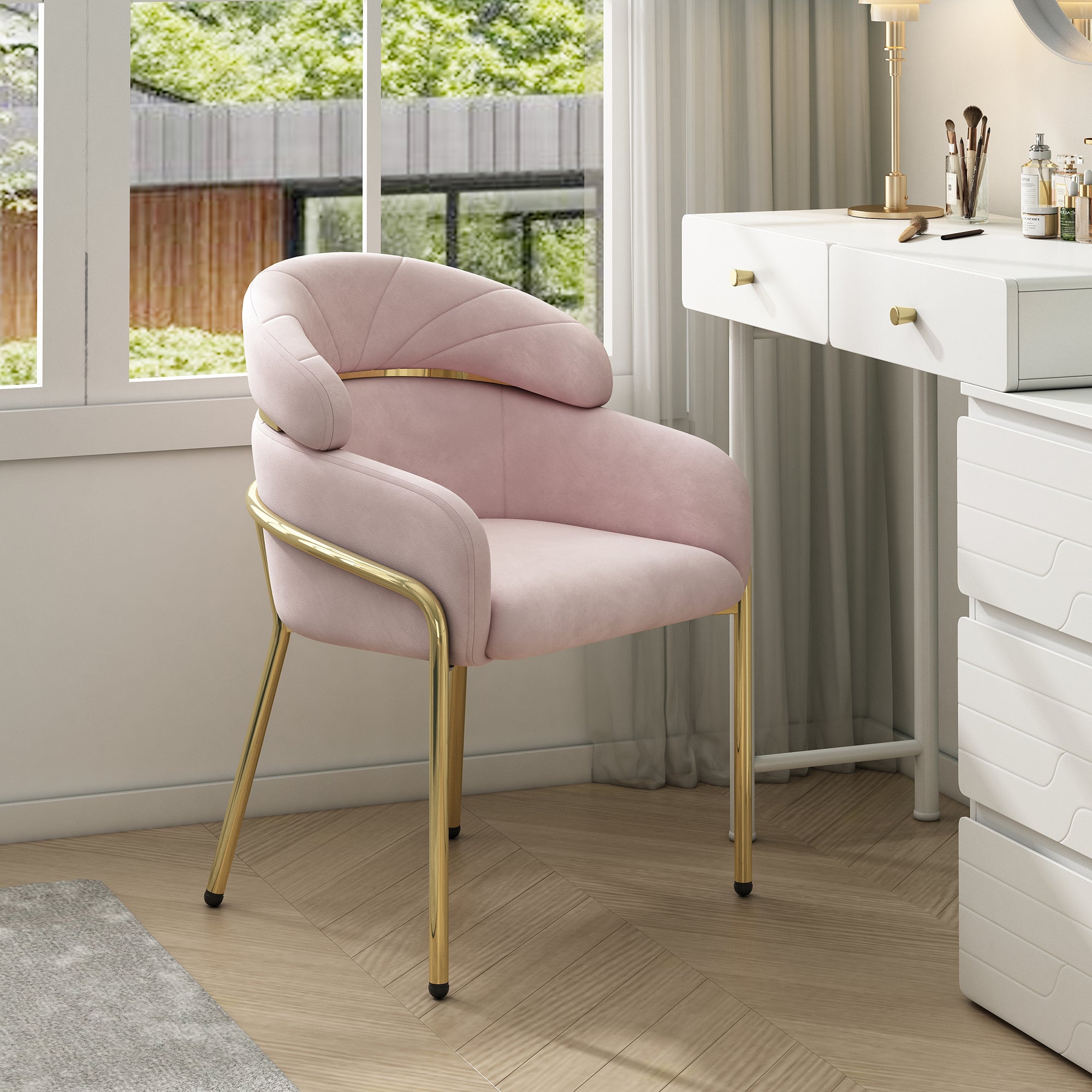 Dining Chair, Single Light Luxury Leisure Chair with Metal Legs, Pink Velvet