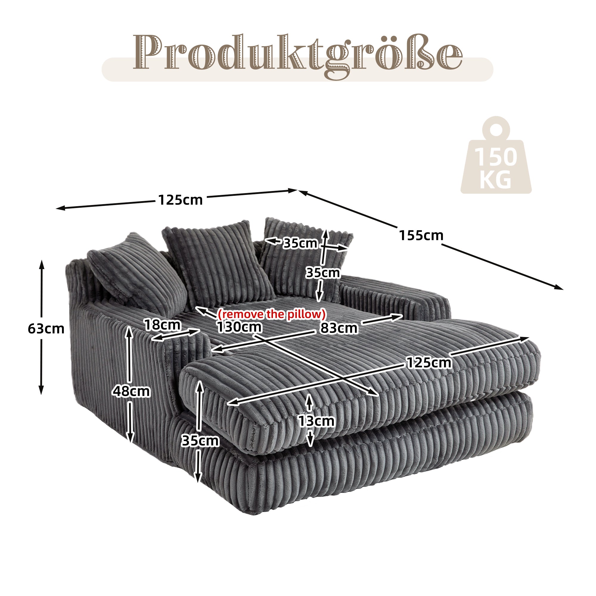 Sofa Bed, Cloud Couch with 3 Soft Pillows, Single Seat, Dark Grey Corduroy