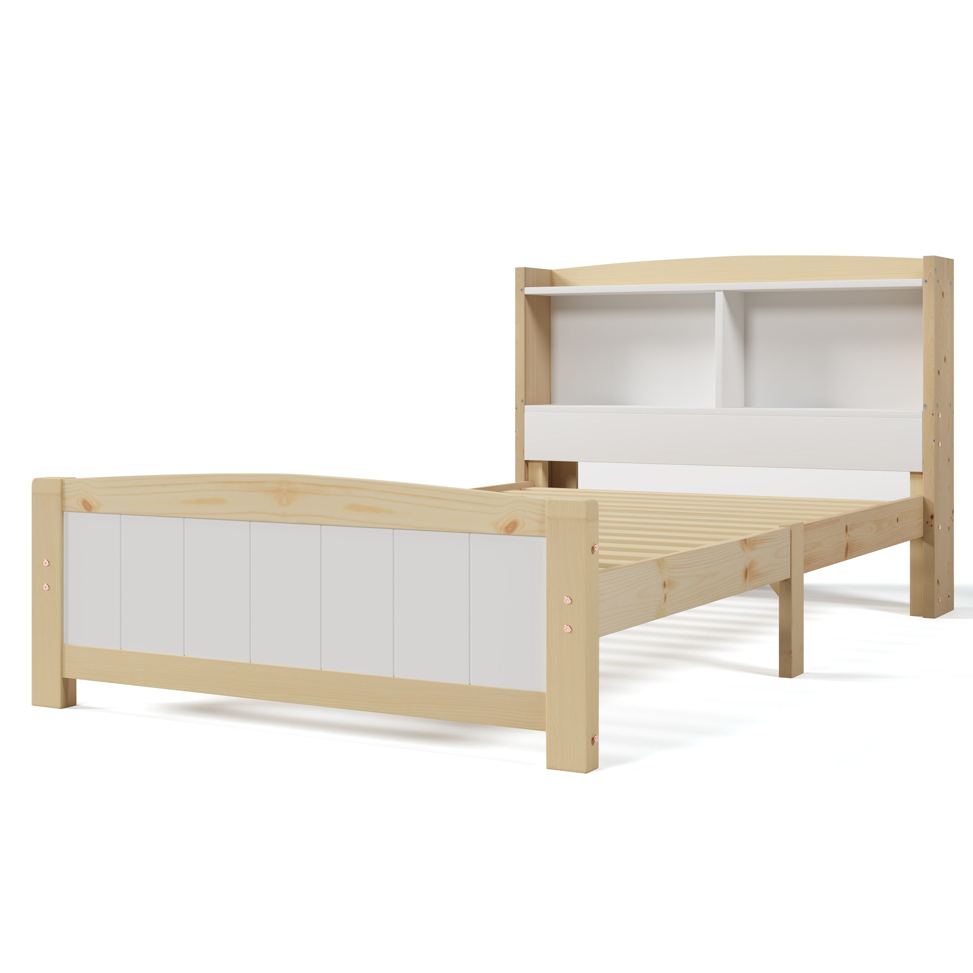 Single Bed with Storage Headboard, 90x200cm Solid Pine, Natural and White