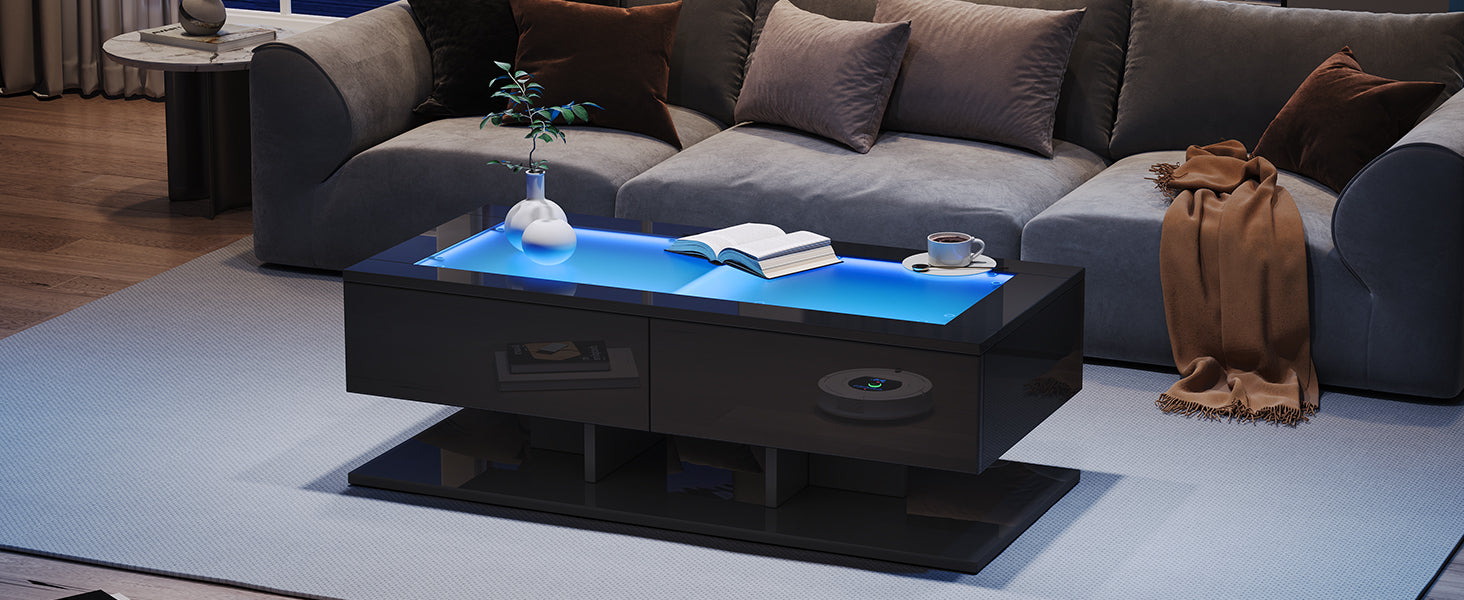 Coffee Table with Drawers, LED Light, Glass Top, Black