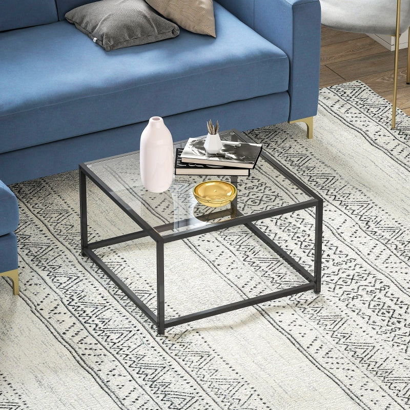 Square Side Table Tempered Glass Top Steel Legs - Black