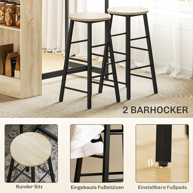 Bar Table with Bar Stool Set, 3-Piece, Storage, 2 Stools, Steel, Oak