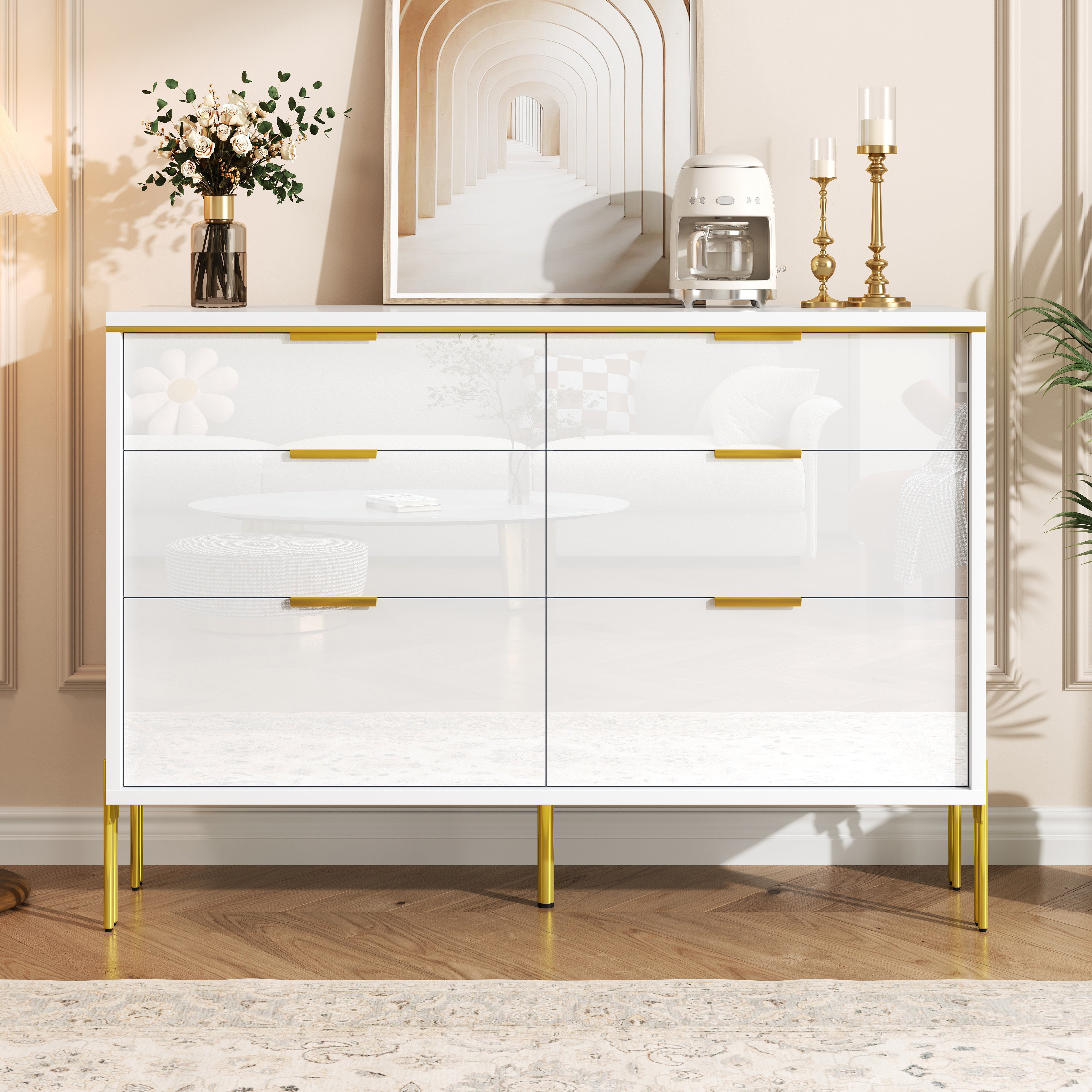 Modern Sideboard Cabinet 6 Drawers Large Storage High-Gloss White and Gold