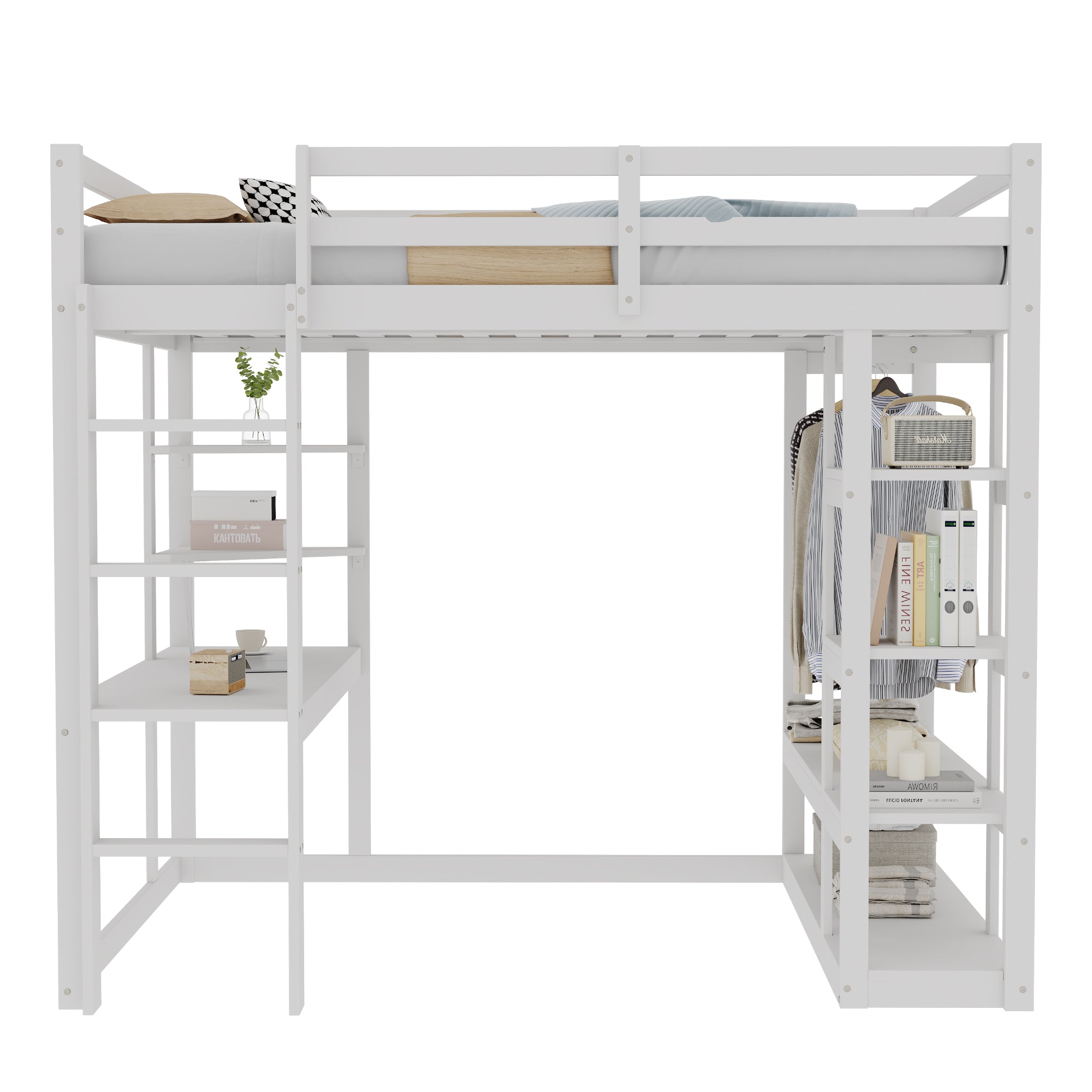 Loft Bed with Ladder, 140x200cm, Table, Shelves, Solid Wood White