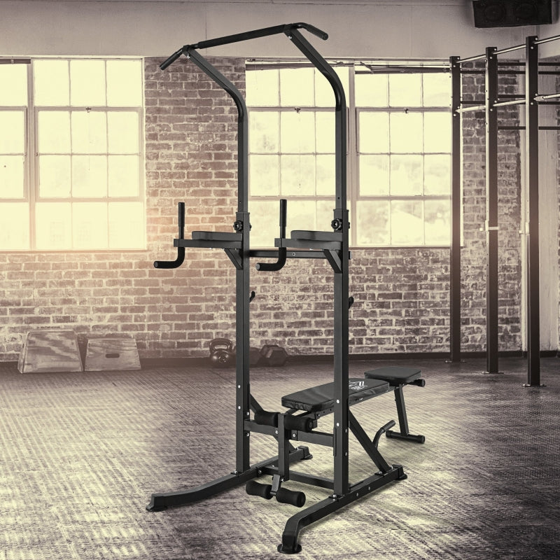 Pull Up Station Multi-Function Power Tower with Adjustable Bench, Dip Station and Barbell Rack