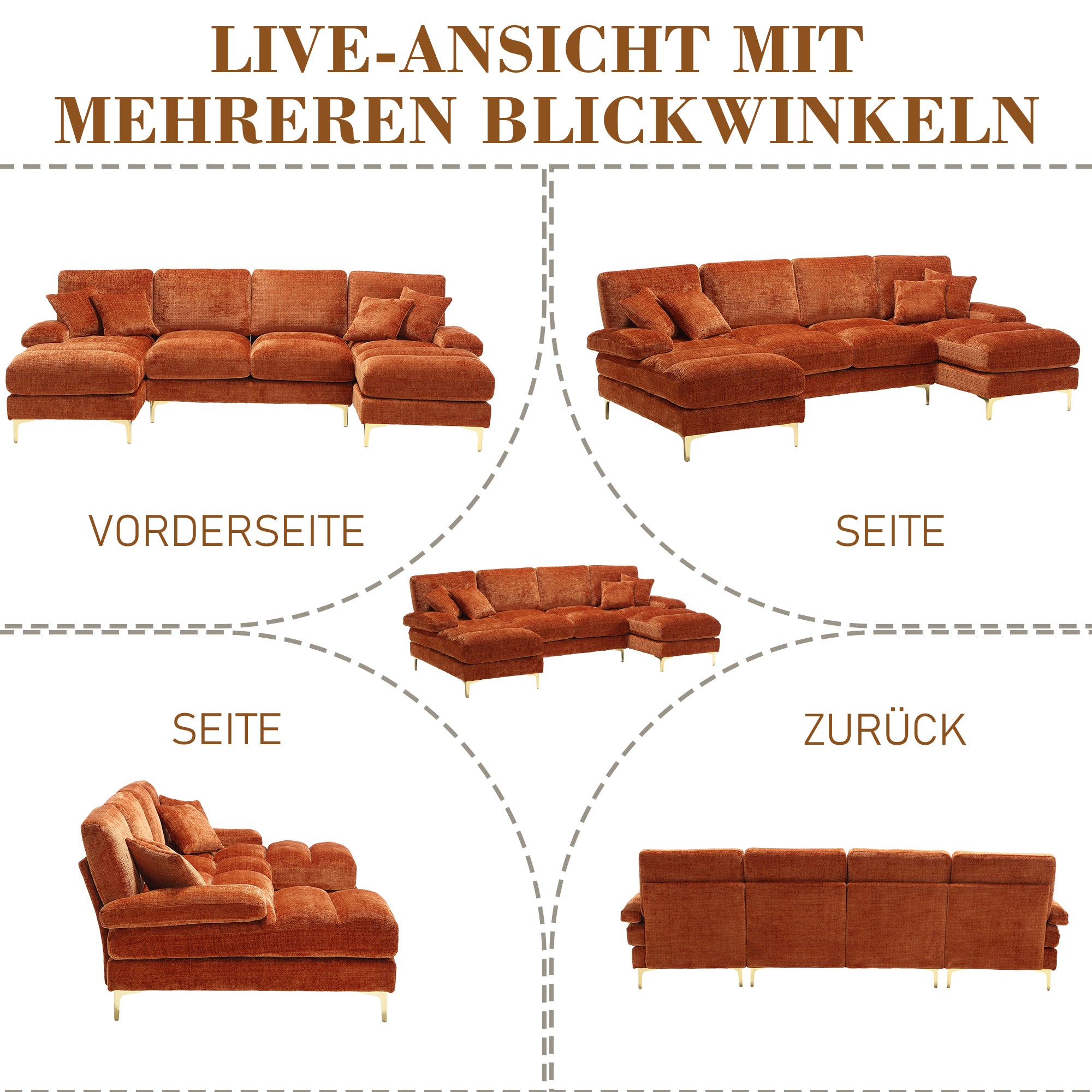 Sofa, Modern Large U-Shape Sectional with Double Reclining Seats, Chenille Orange