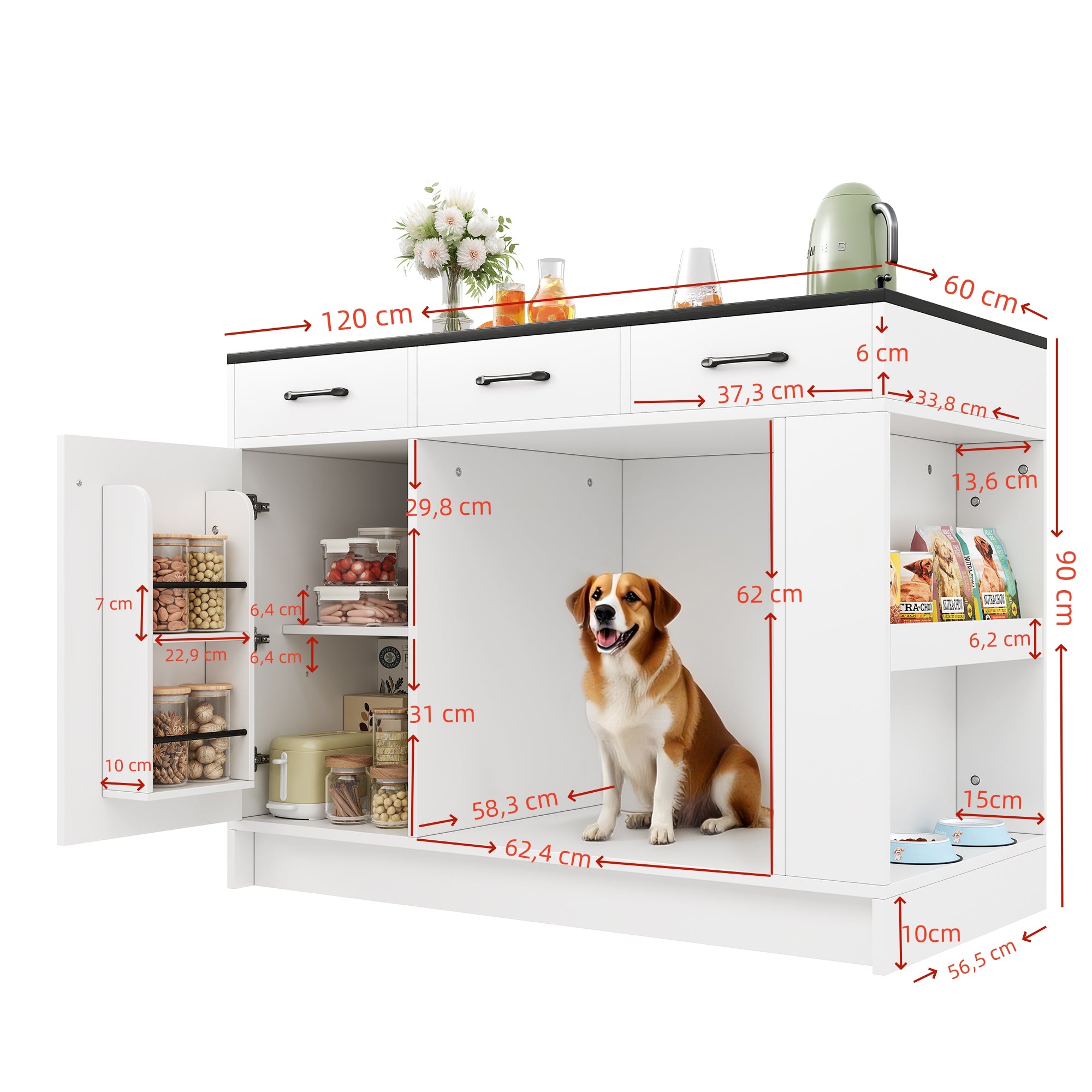 Kitchen Island with 3 Drawers Spice Rack Adjustable Shelf Pet Storage 120x60x90cm - White