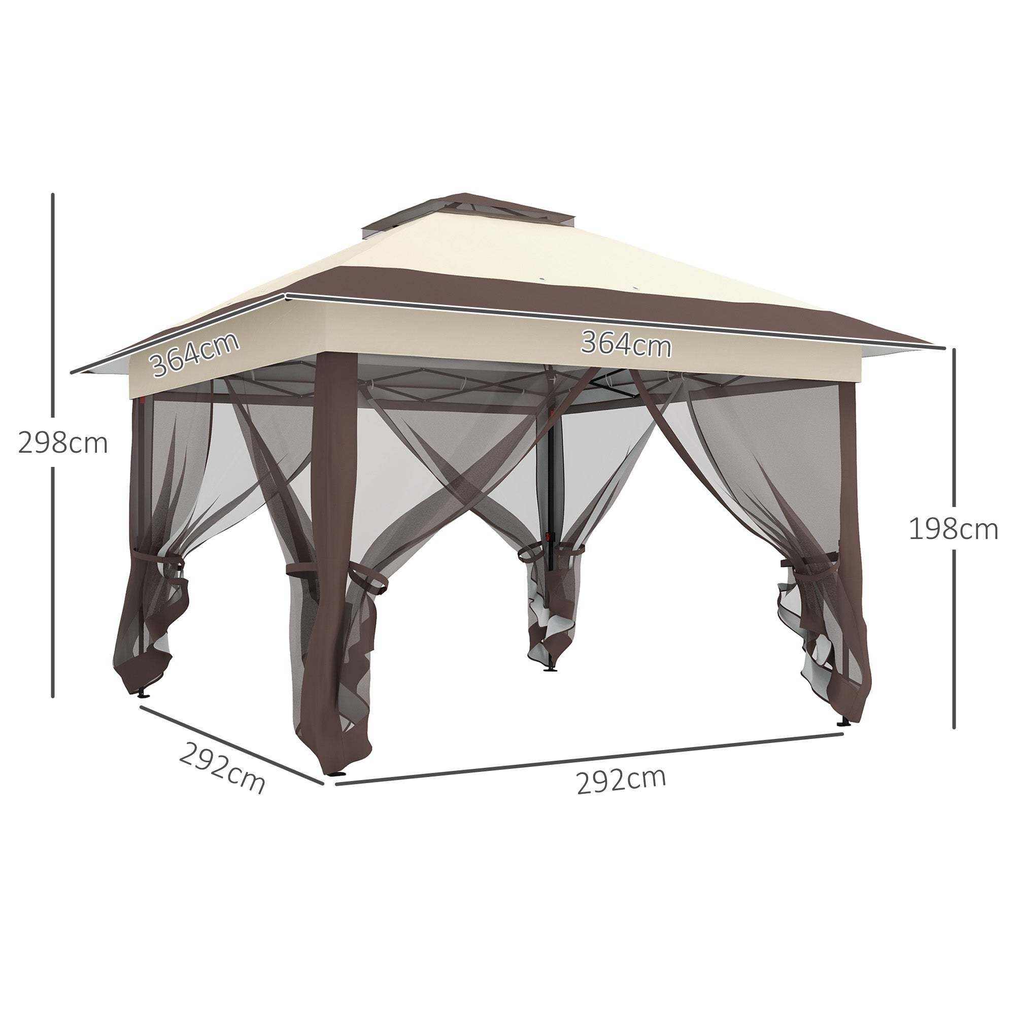 Pop up Gazebo 3.6 x 3.6m Height Adjustable with Netting, Khaki