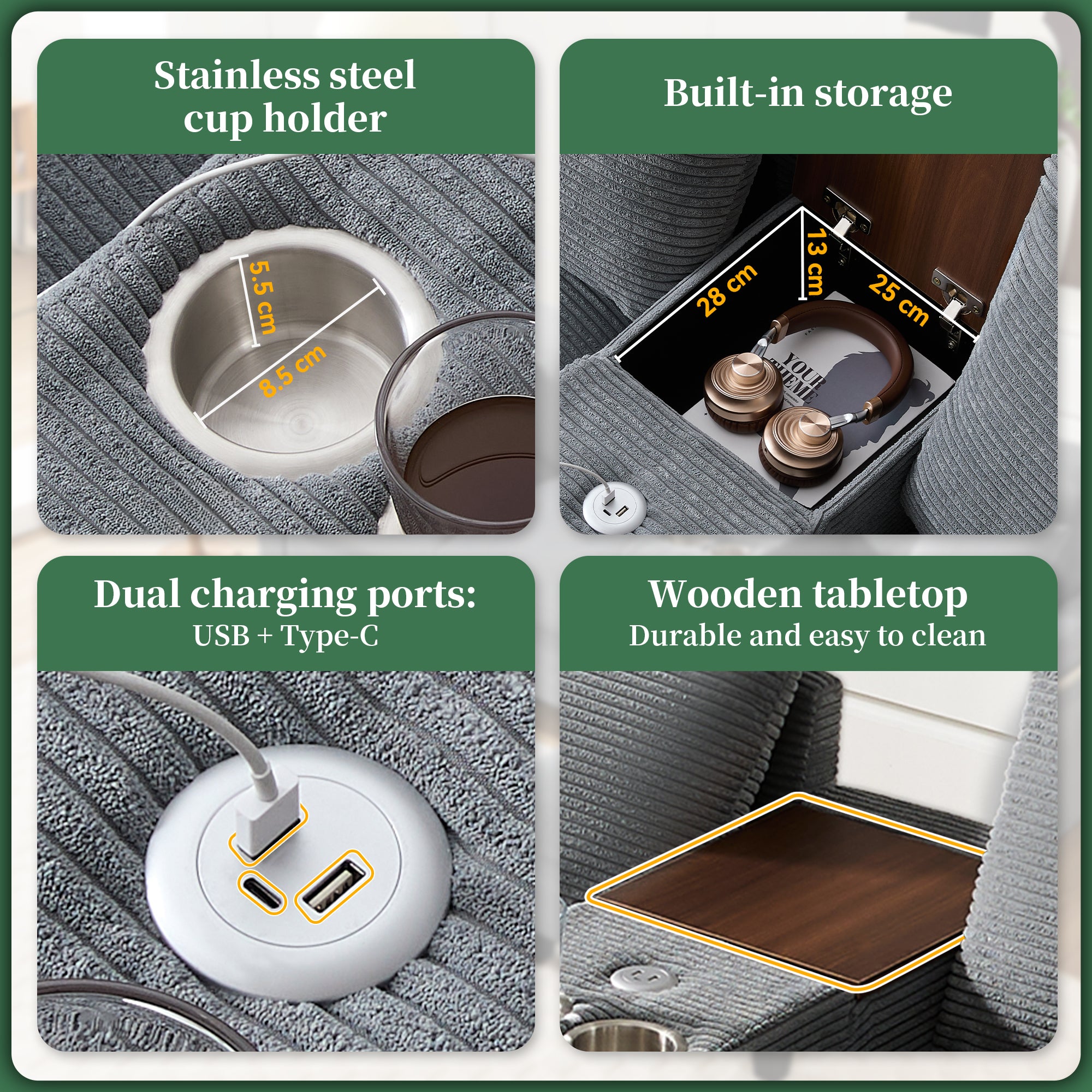 Modern L-shaped Corner Sofa Convertible Console Cup Holders USB Corduroy Fabric