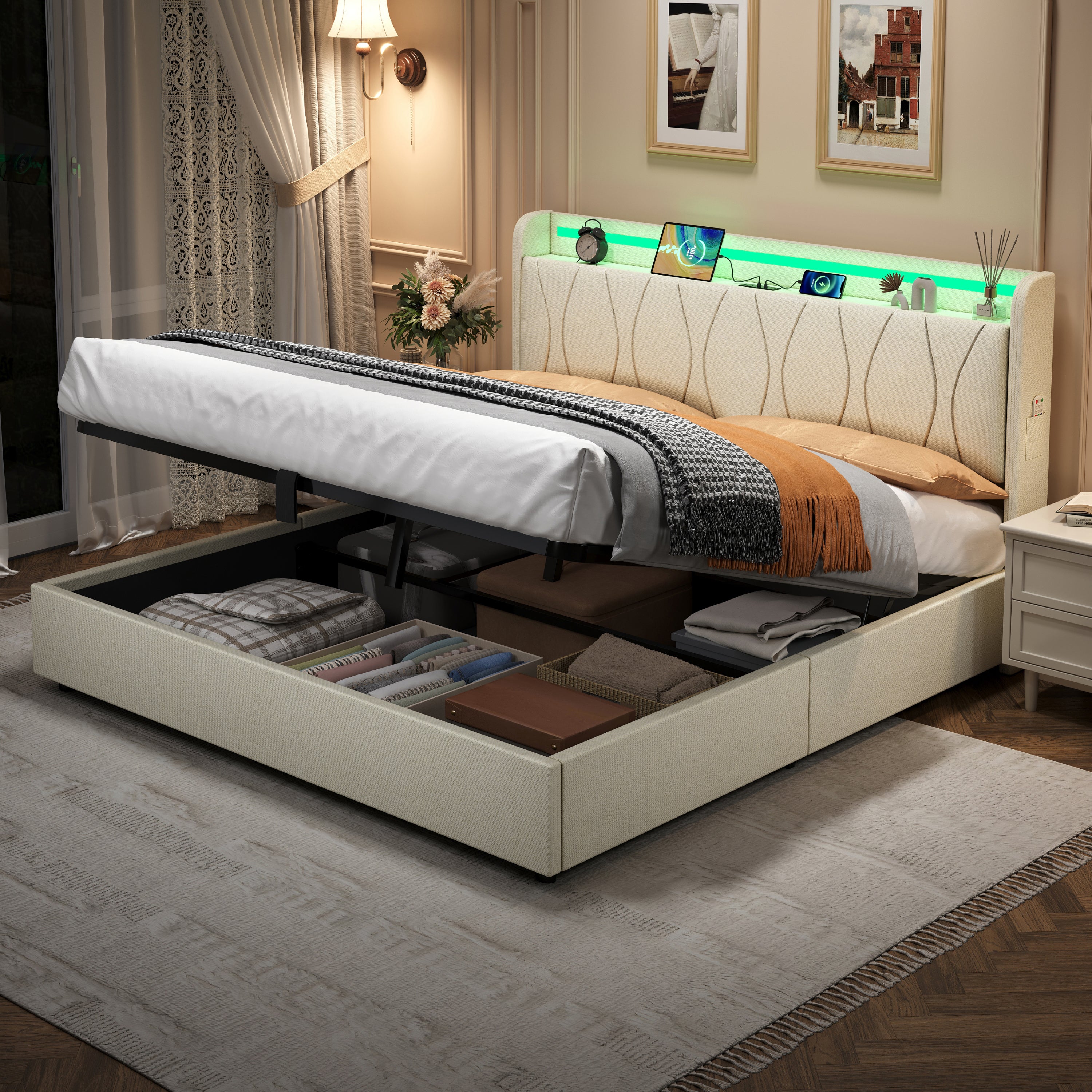 5ft King Upholstered Bed Frame, Hydraulic Storage LED Headboard with Charging Station, Beige Linen