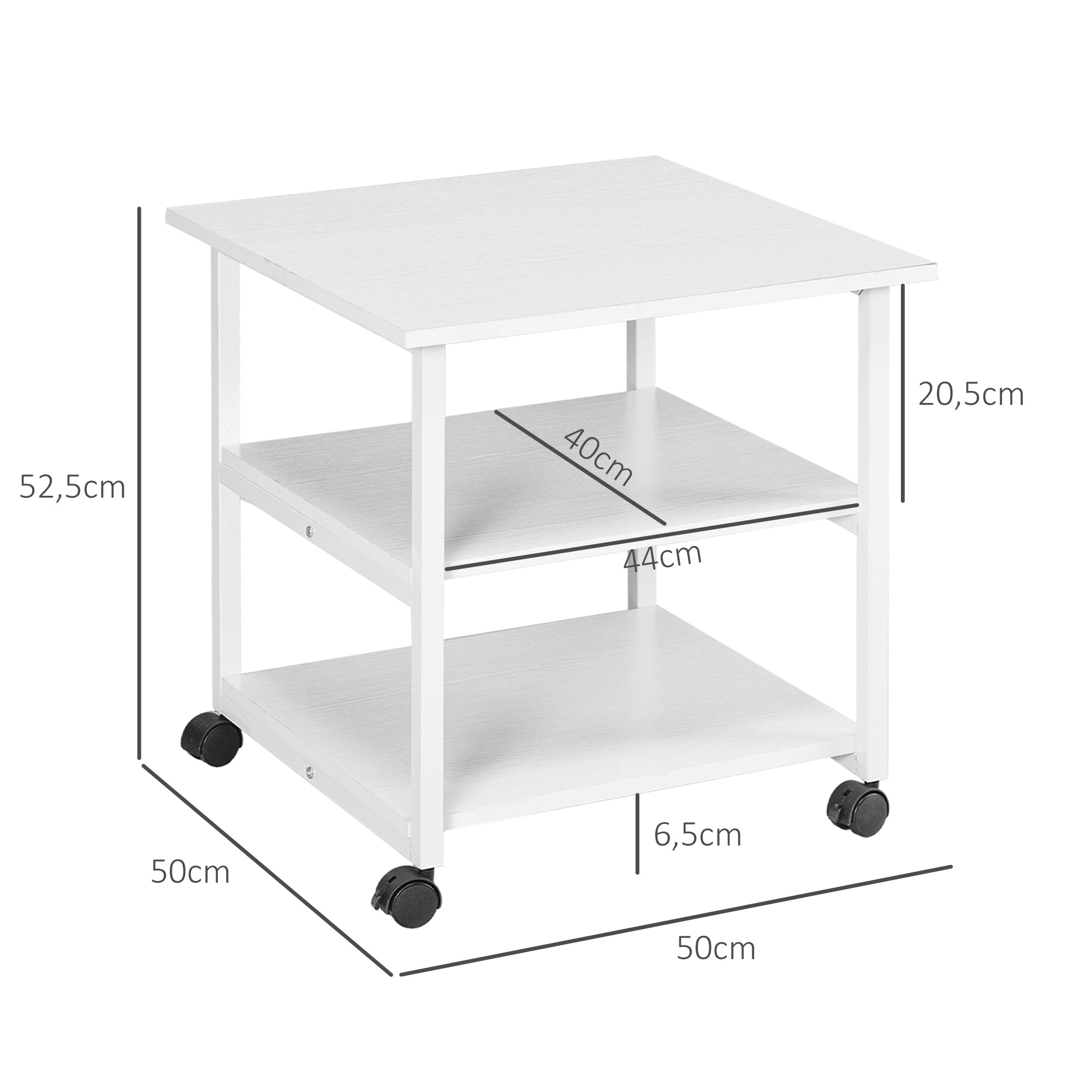 Three-Tier Printer Stand with Wheels, Steel - White