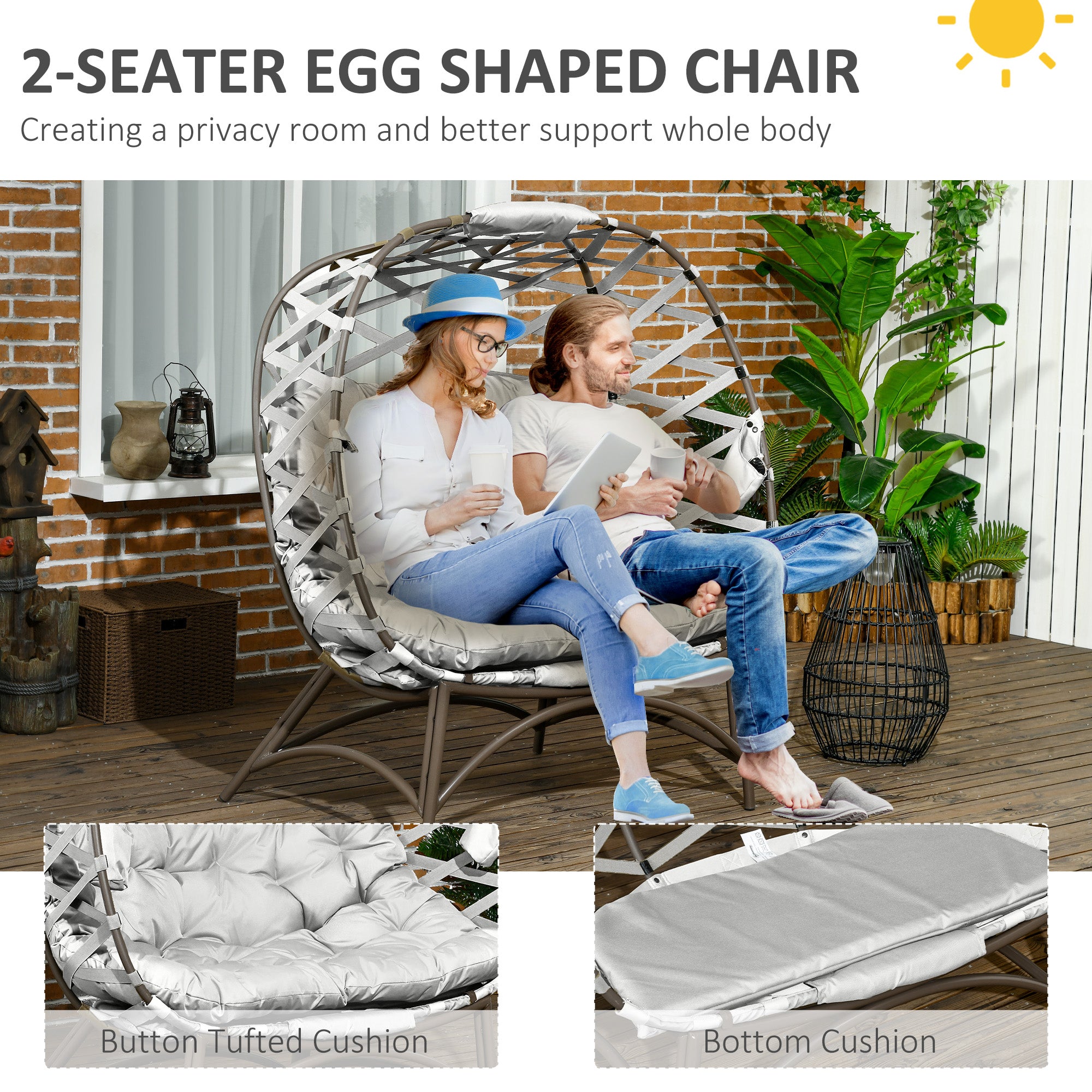 2 Seater Egg Chair Folding with Cushion and Cup Pockets, Light Grey Weave